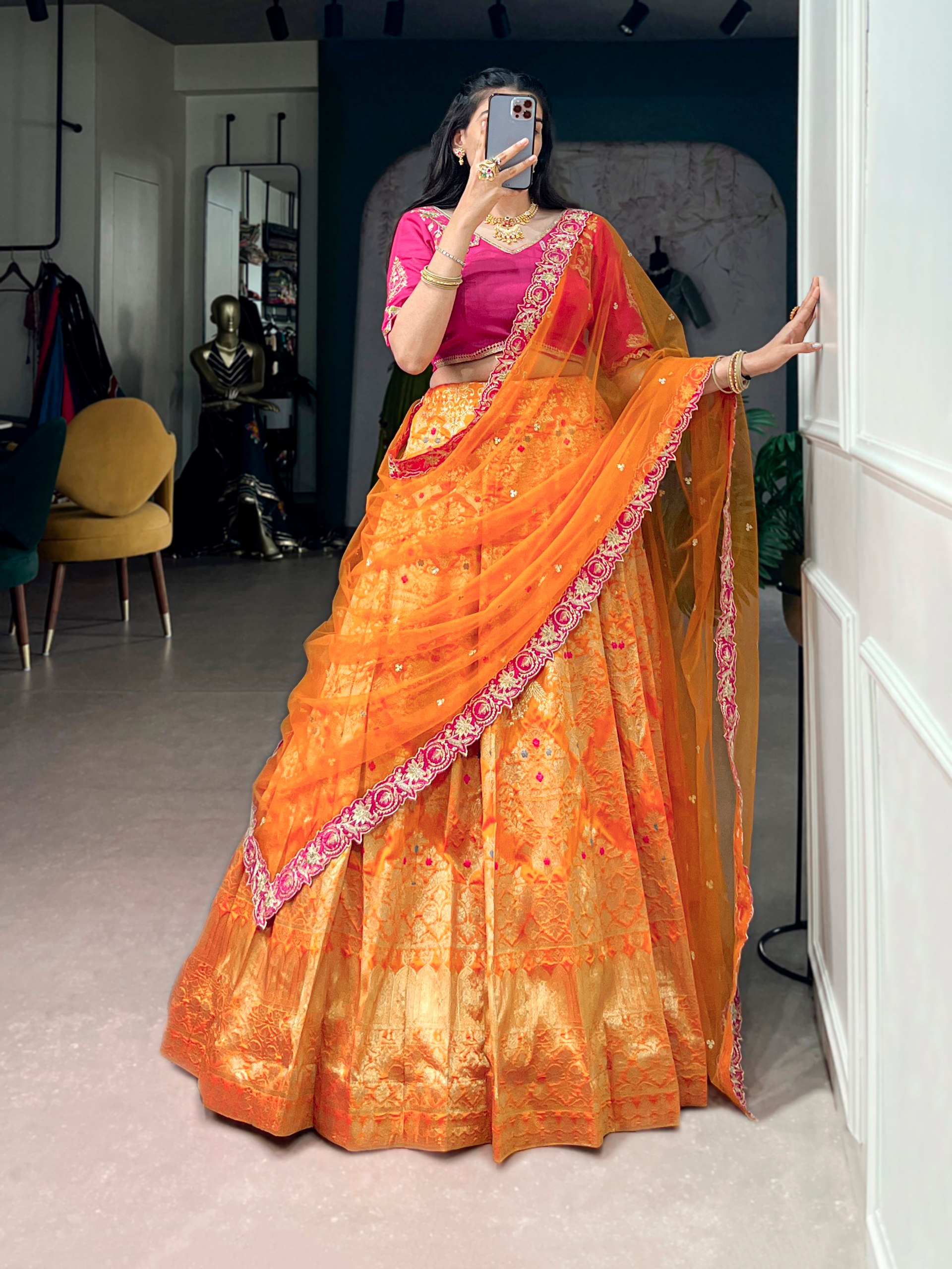 Wedding Special Jacquard Silk Lehenga Choli Orange color