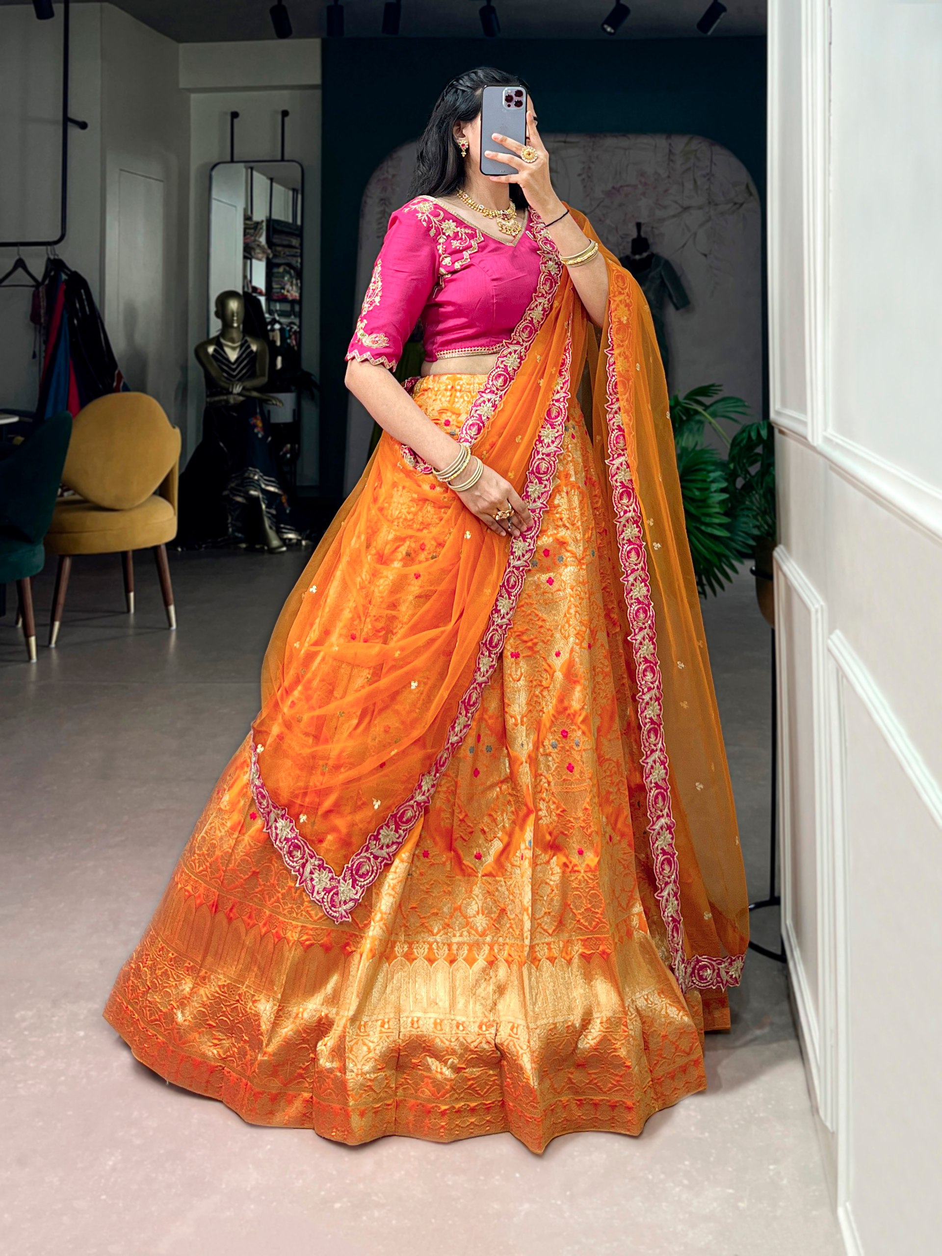 Wedding Special Jacquard Silk Lehenga Choli Orange color