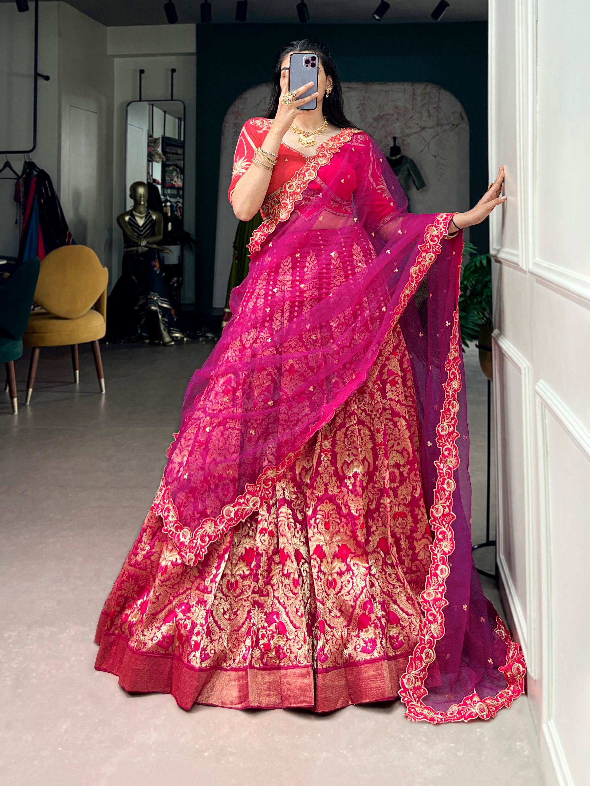 Wedding Special Jacquard Silk Lehenga Choli Pink color