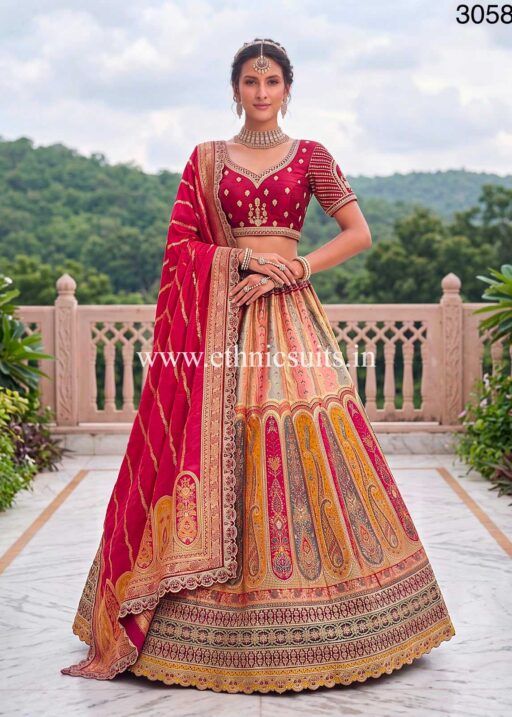 Multi-Color Panel Banarasi Silk Wedding Lehenga