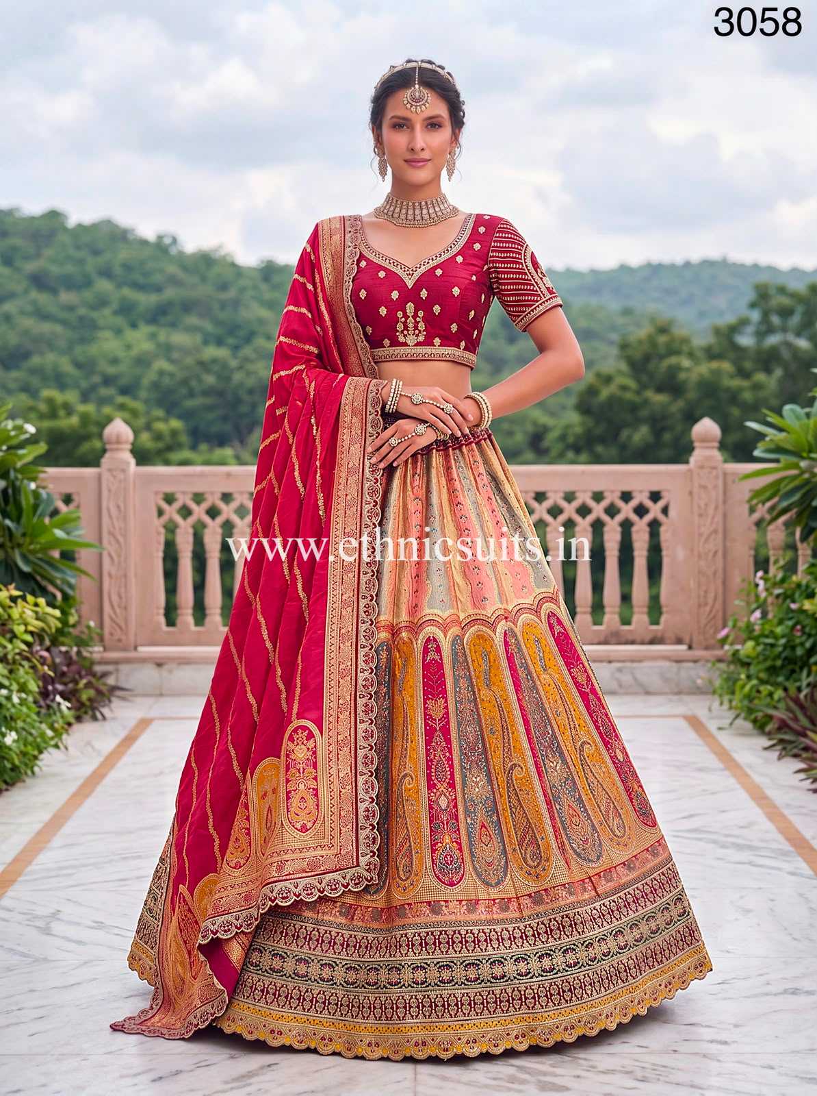 Multi-Color Panel Banarasi Silk Wedding Lehenga