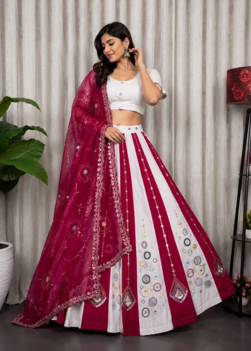 White and Red Embroidery Chaniya Choli