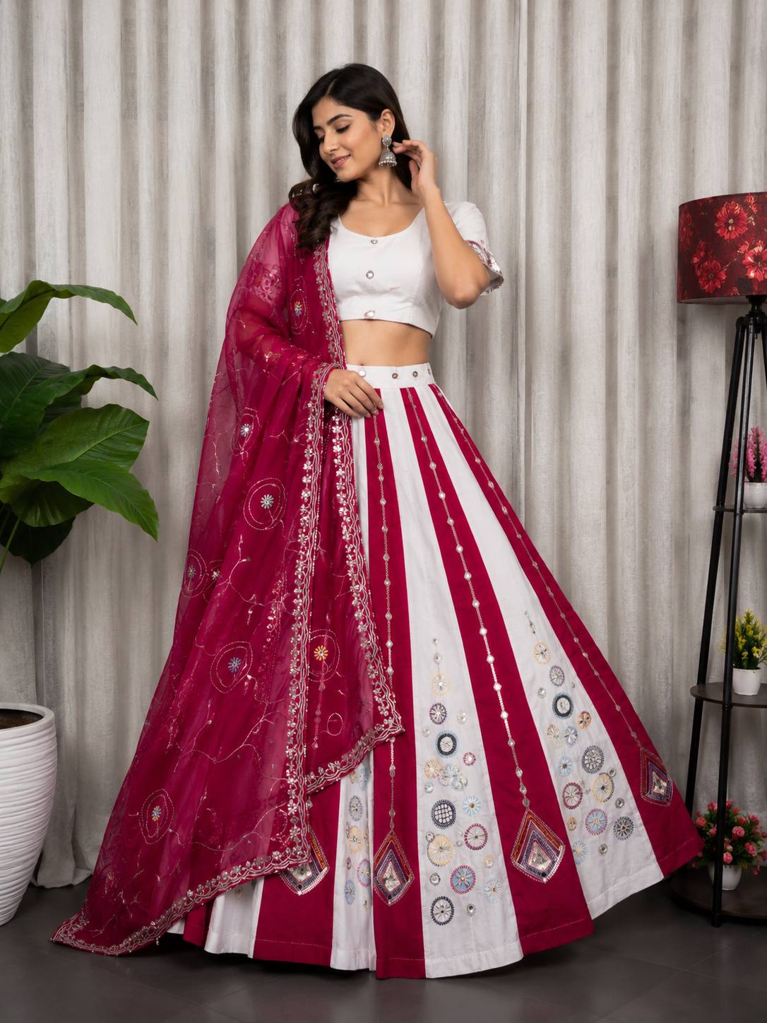 White and Red Embroidery Chaniya Choli