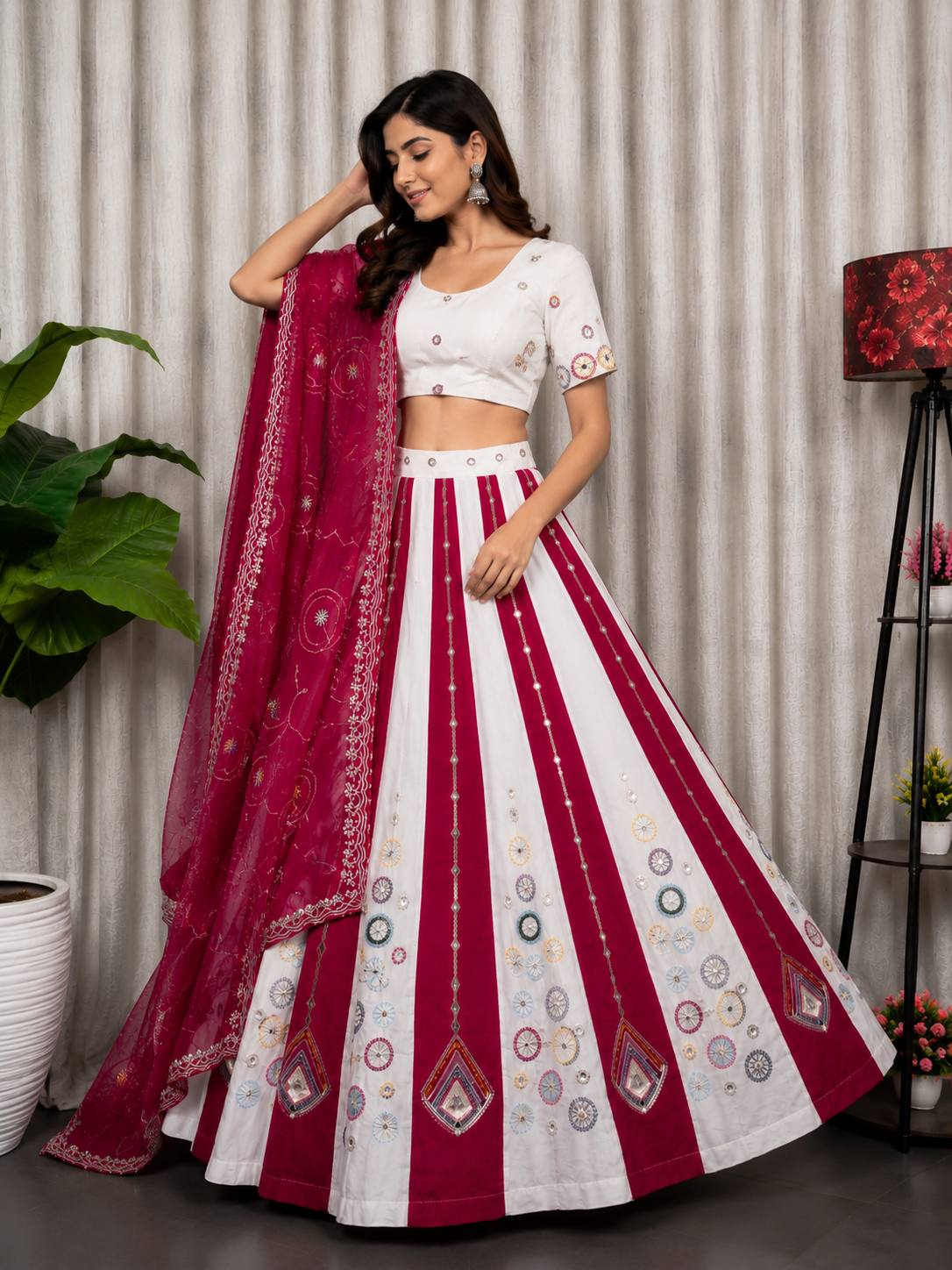 White and Red Embroidery Chaniya Choli