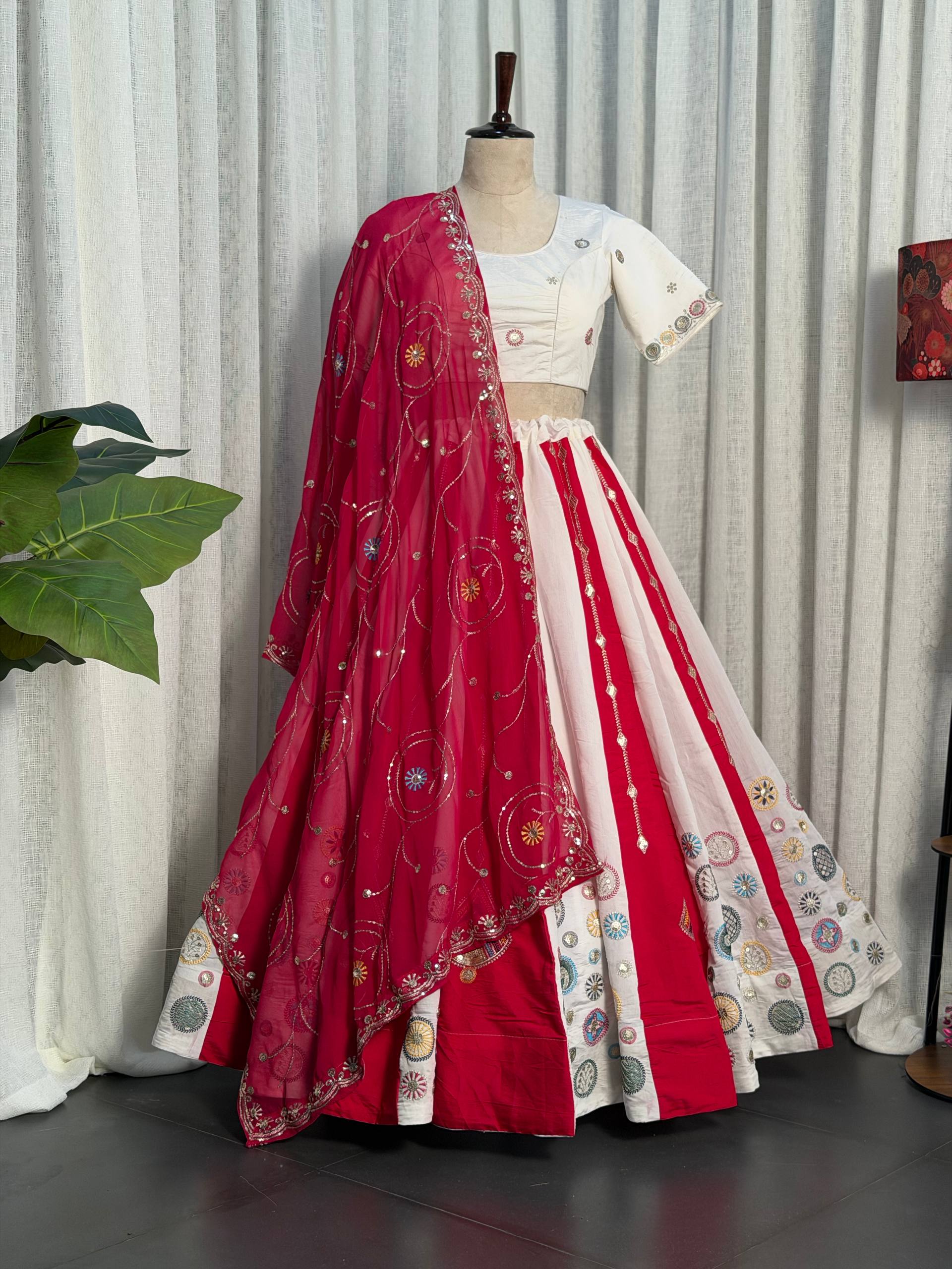 White and Red Embroidery Chaniya Choli
