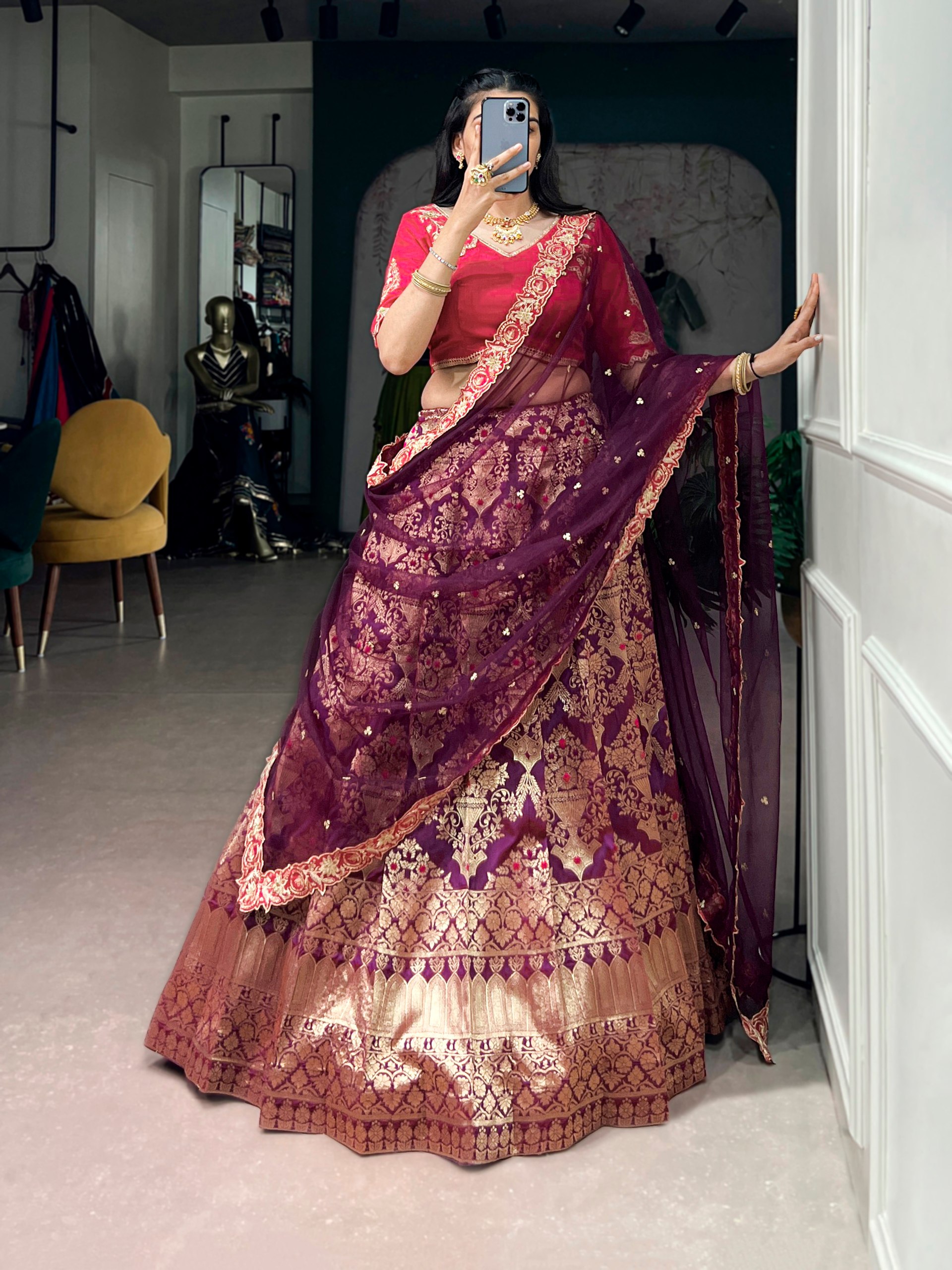 Wine Color Wedding Special Jacquard Silk Lehenga Choli