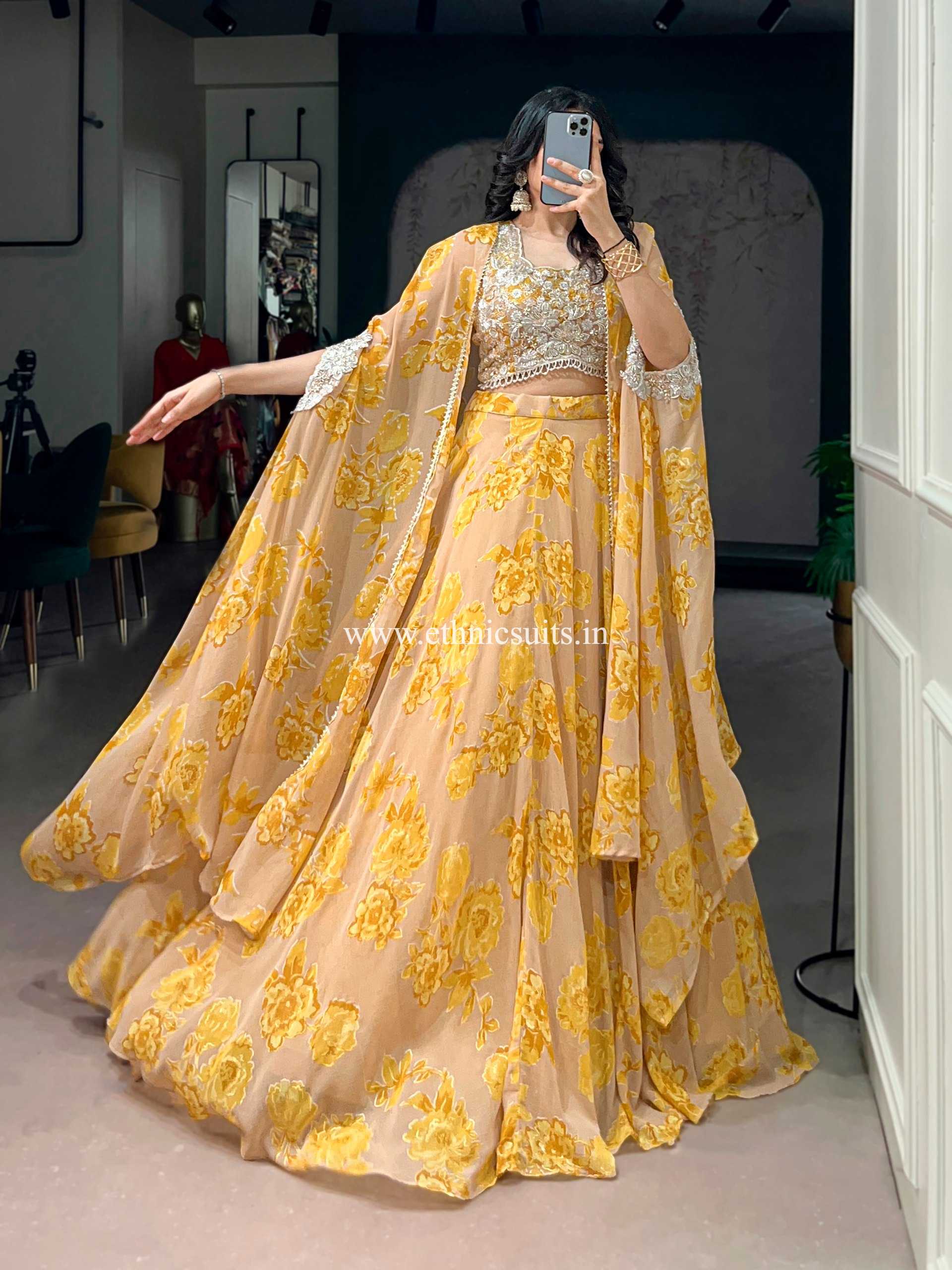 Yellow Color Floral Lehenga Choli with Cape Dupatta