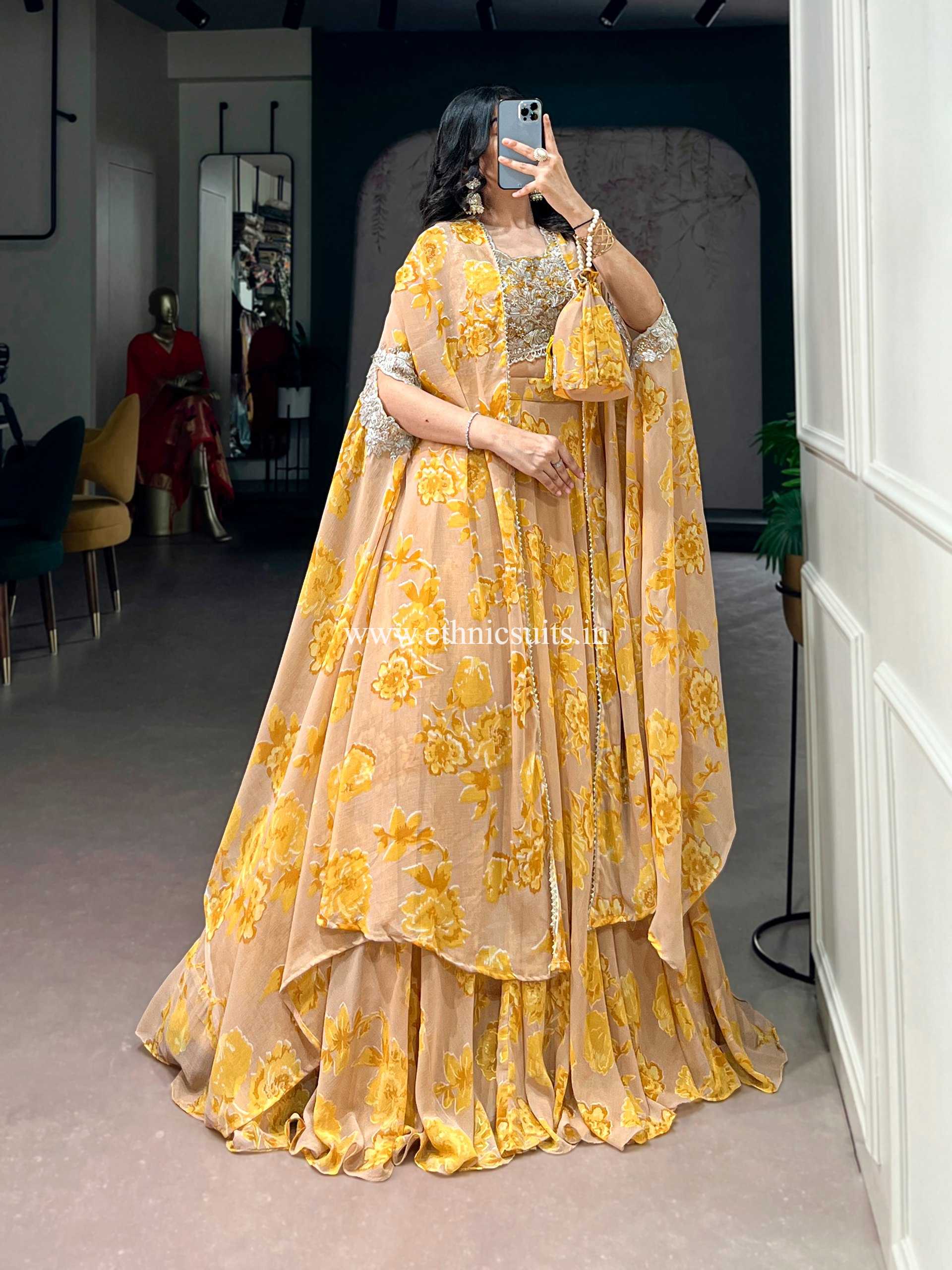 Yellow Color Floral Lehenga Choli with Cape Dupatta