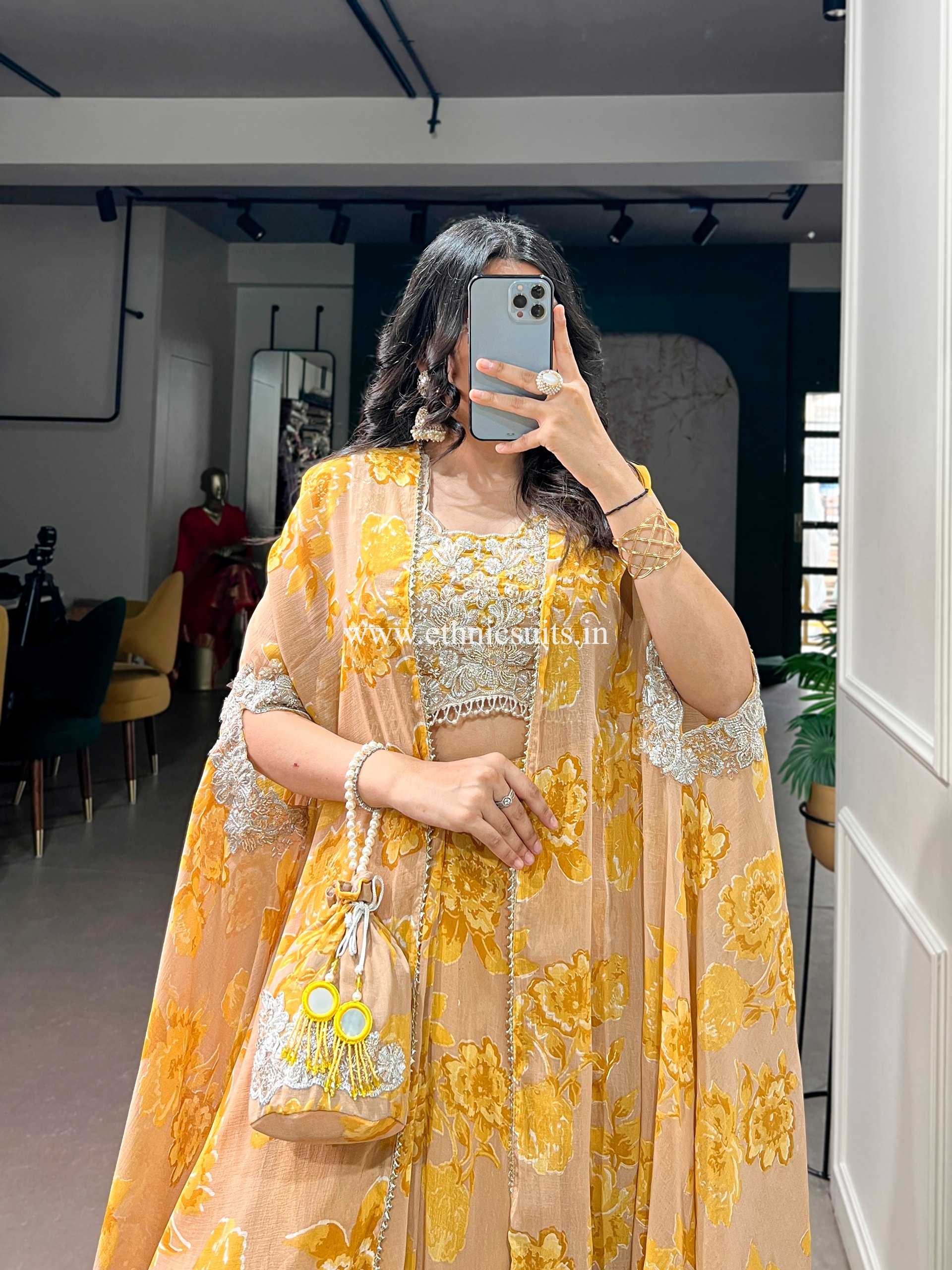 Yellow Color Floral Lehenga Choli with Cape Dupatta