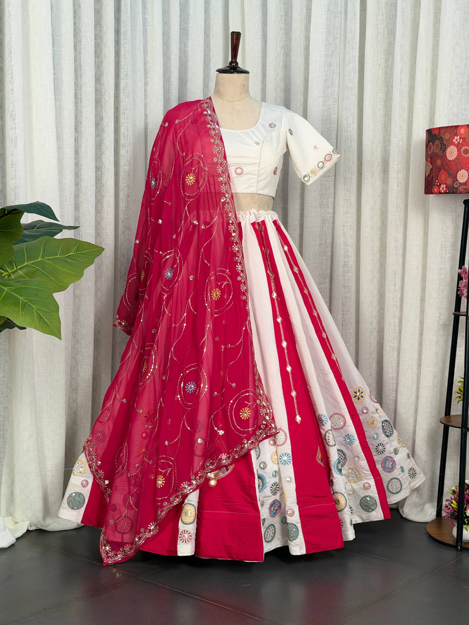 White and Red Embroidery Chaniya Choli
