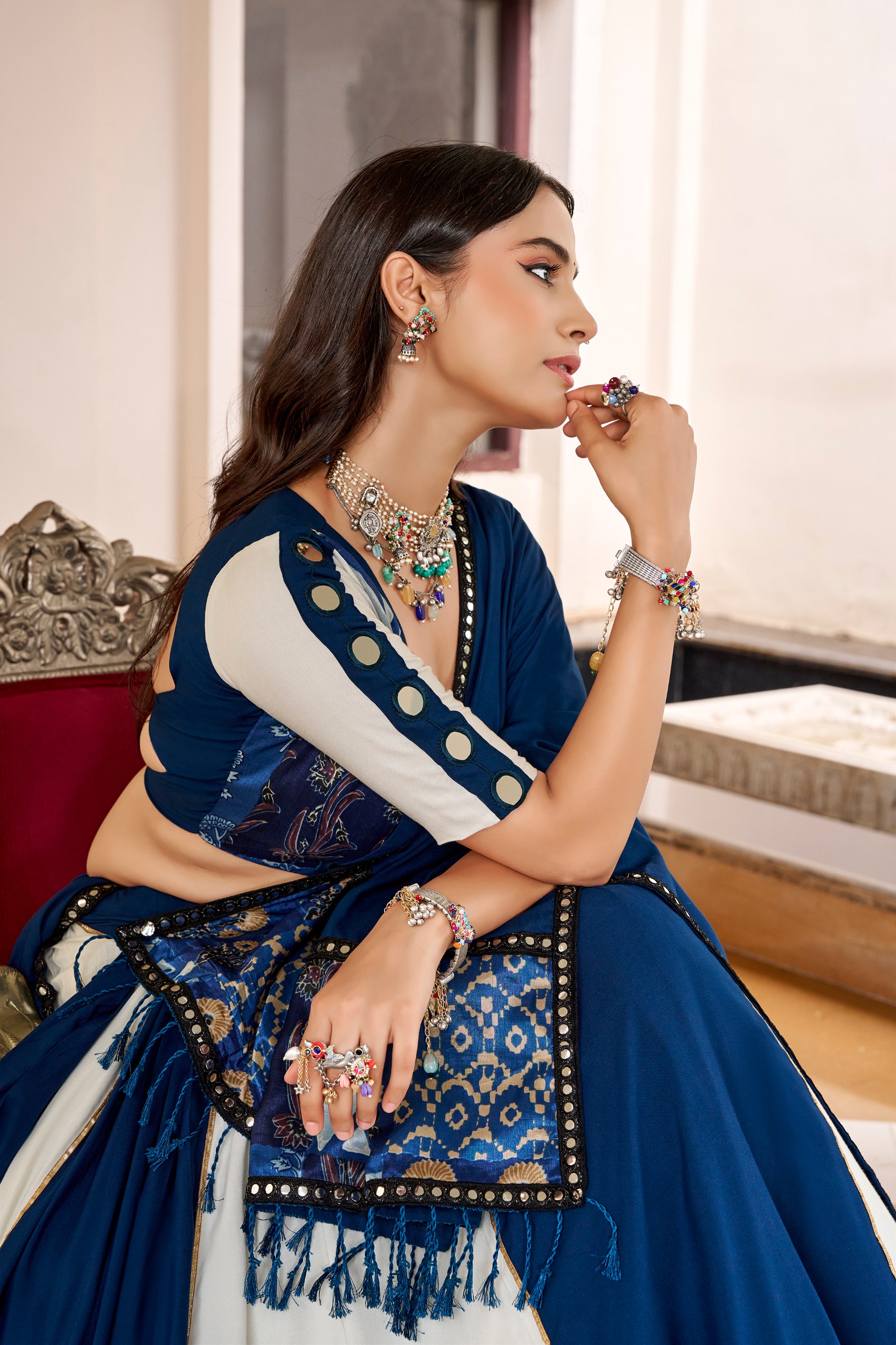 Blue & White Rayon Chaniya Choli with Mirror Work