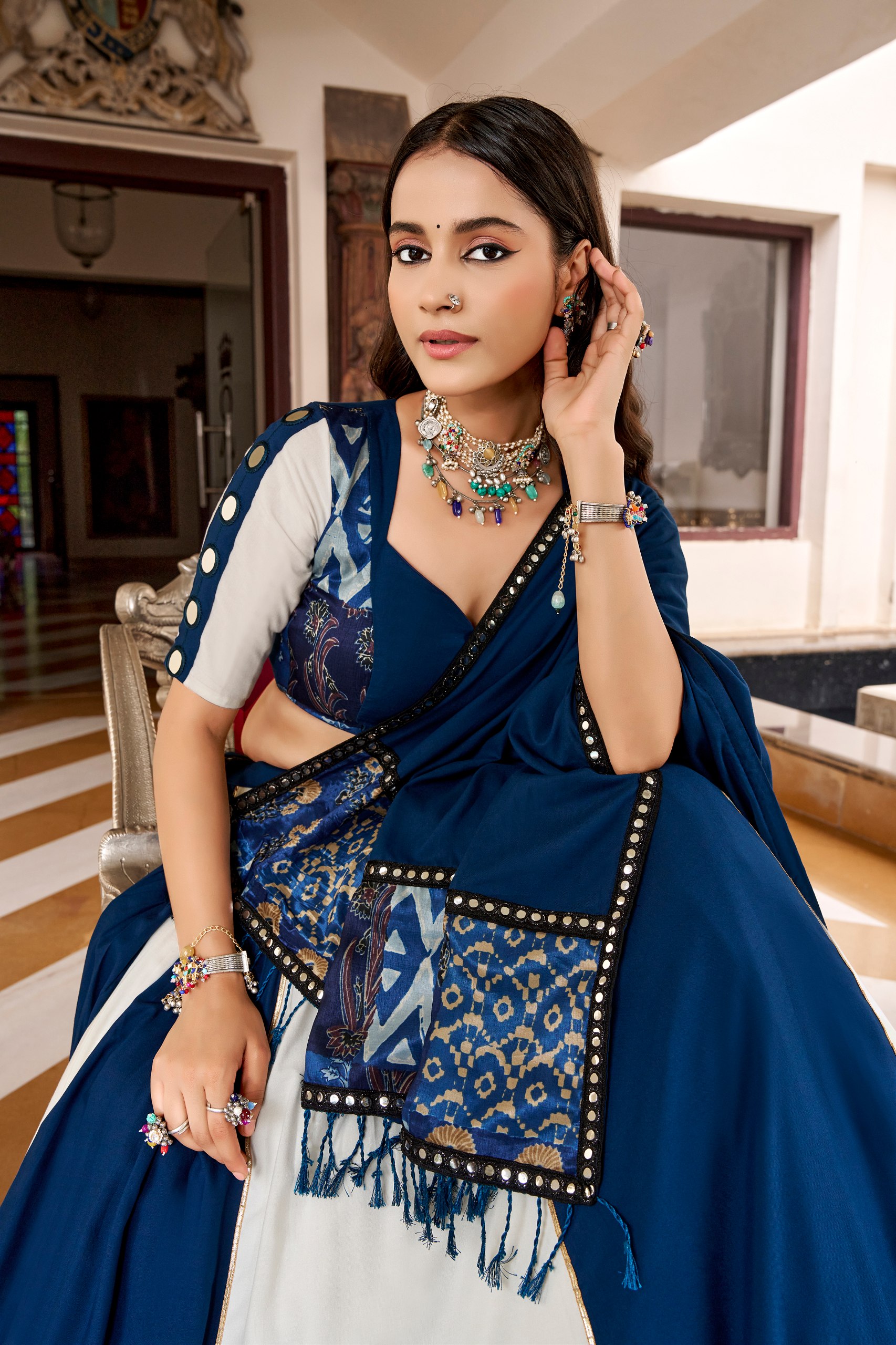 Blue & White Rayon Chaniya Choli with Mirror Work