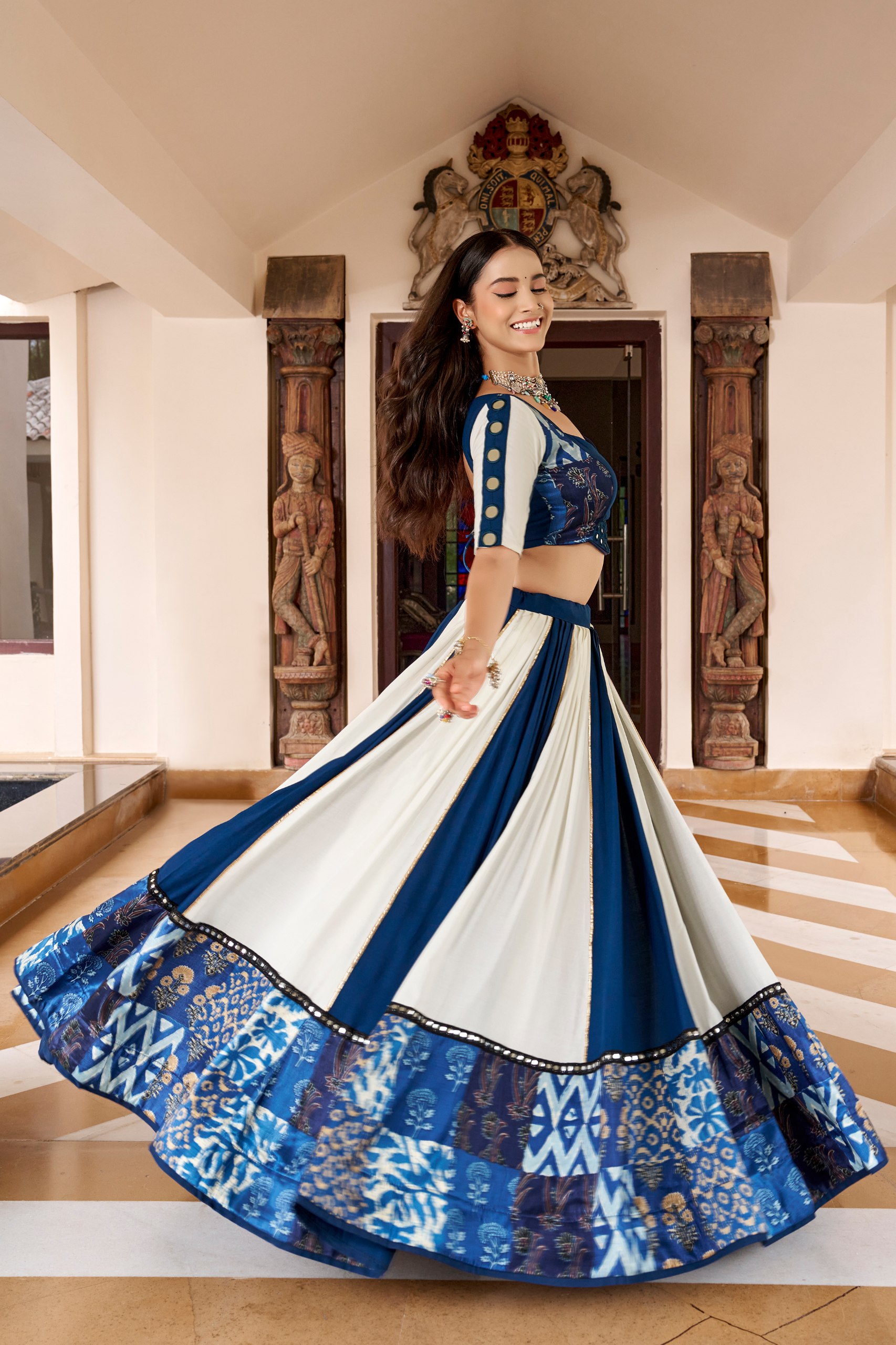 Blue & White Rayon Chaniya Choli with Mirror Work