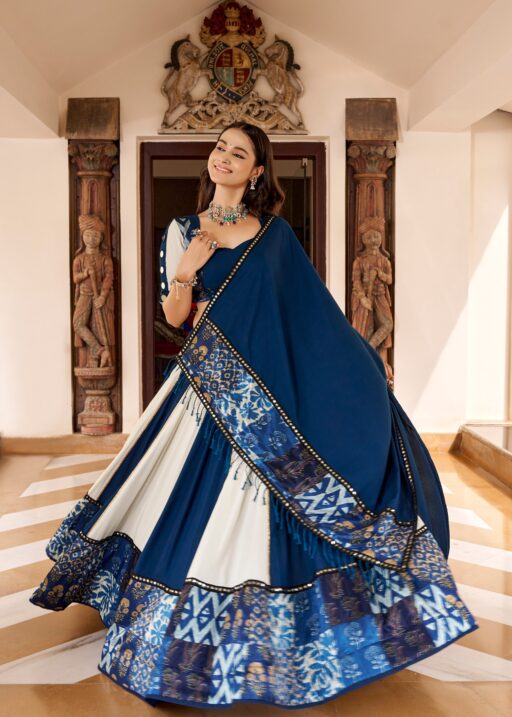 Blue and white rayon chaniya choli with mirror work and Gotta Patti lace