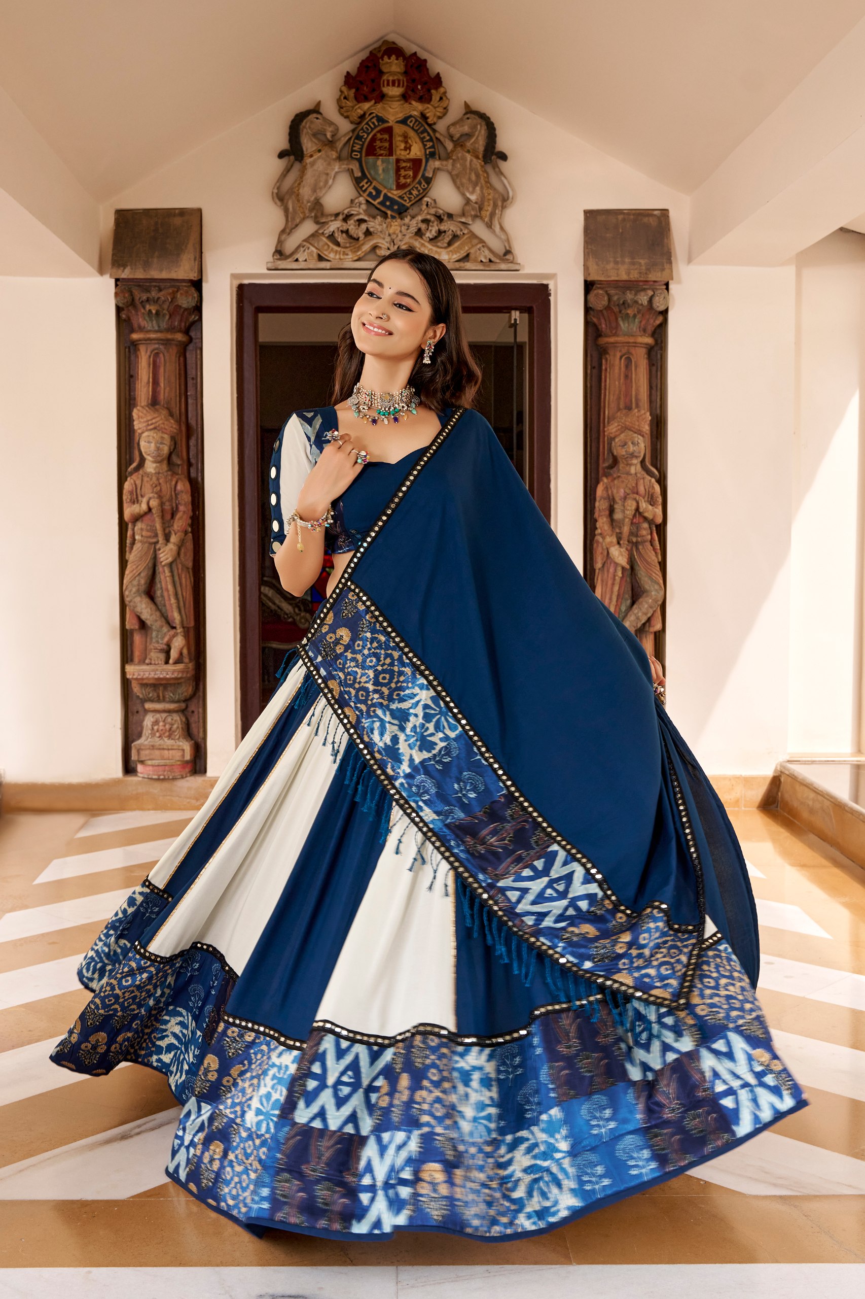 Blue and white rayon chaniya choli with mirror work and Gotta Patti lace
