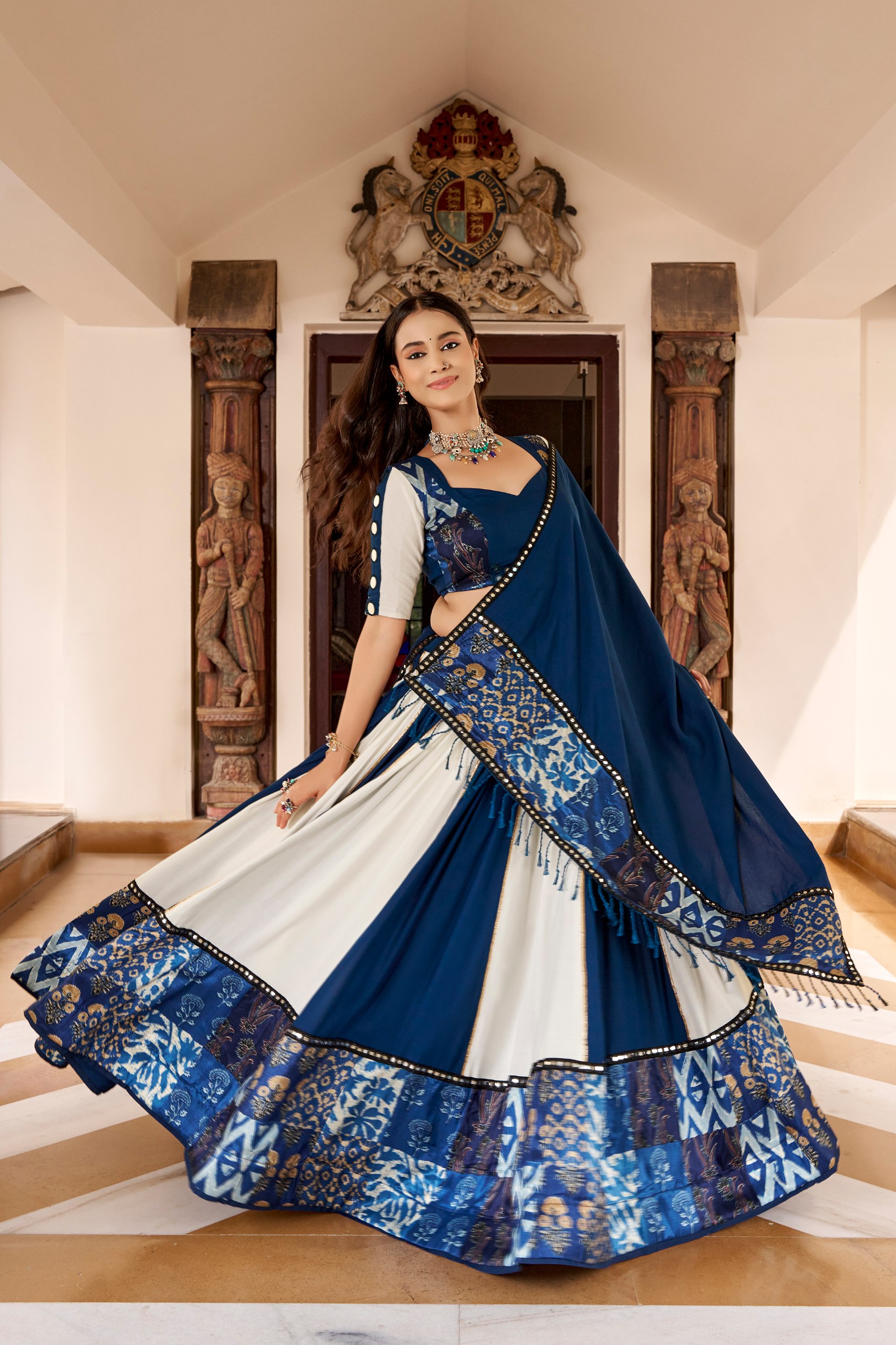 Blue & White Rayon Chaniya Choli with Mirror Work