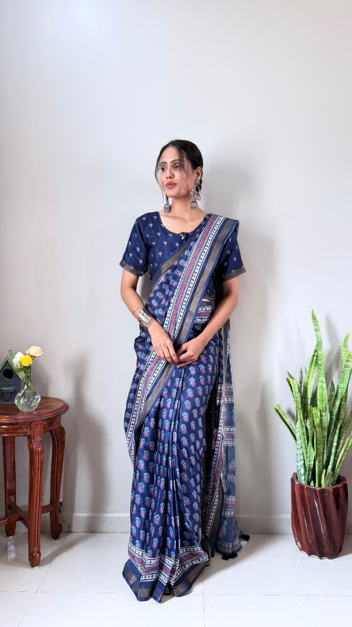 Cotton Silk Zip and go Saree Blue