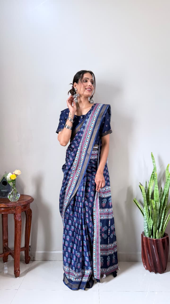 Cotton Silk Zip and go Saree Blue