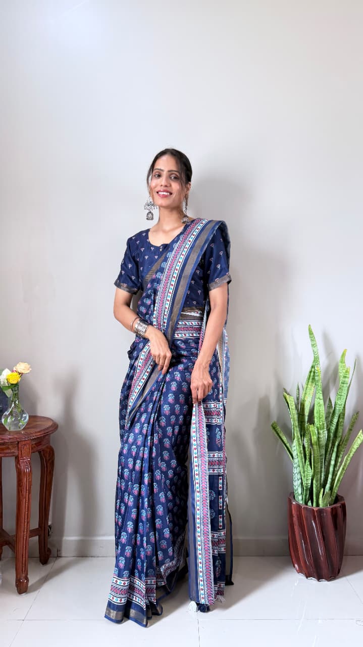 Cotton Silk Zip and go Saree Blue