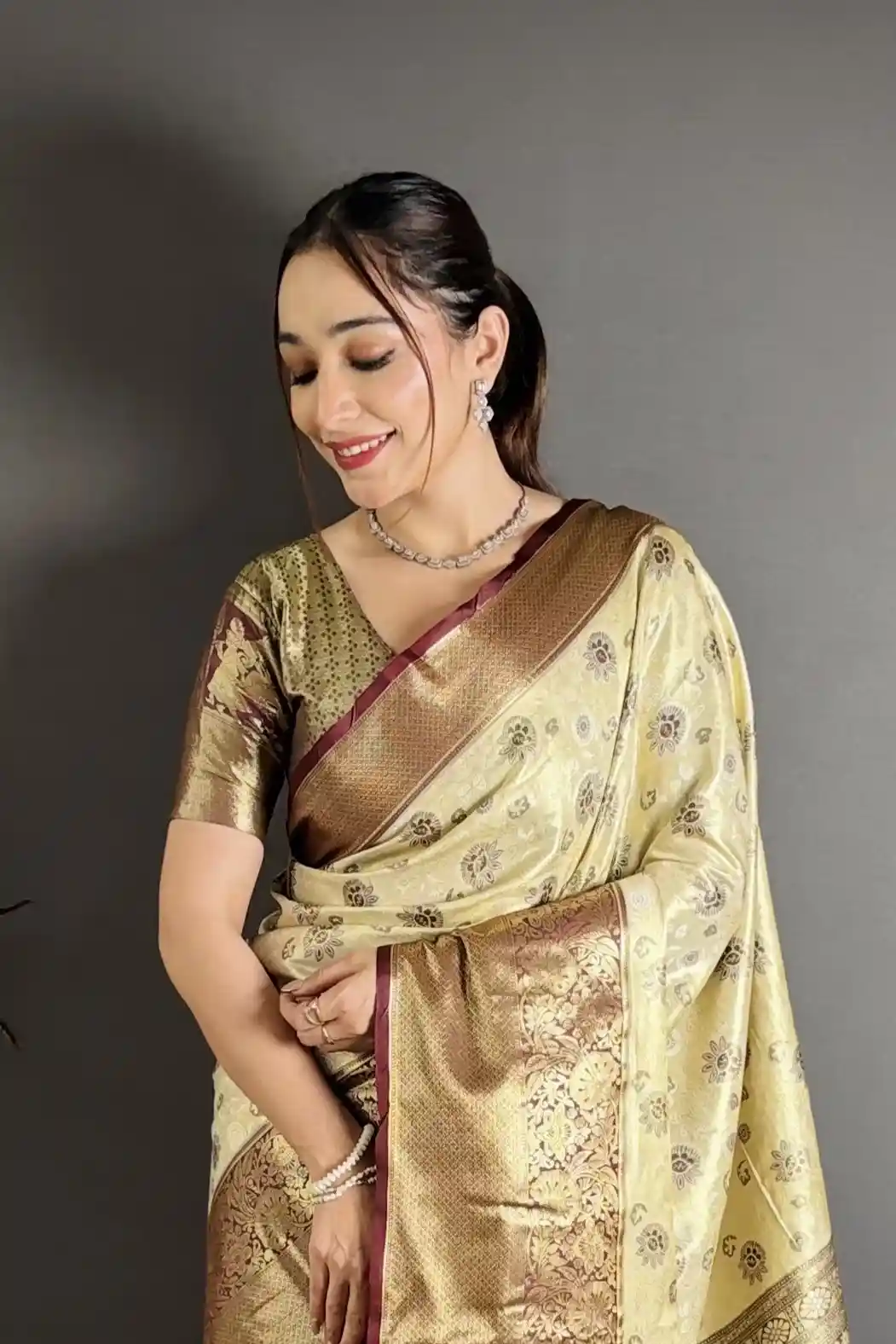 Cream and Maroon Contrast Kanjivaram silk Saree