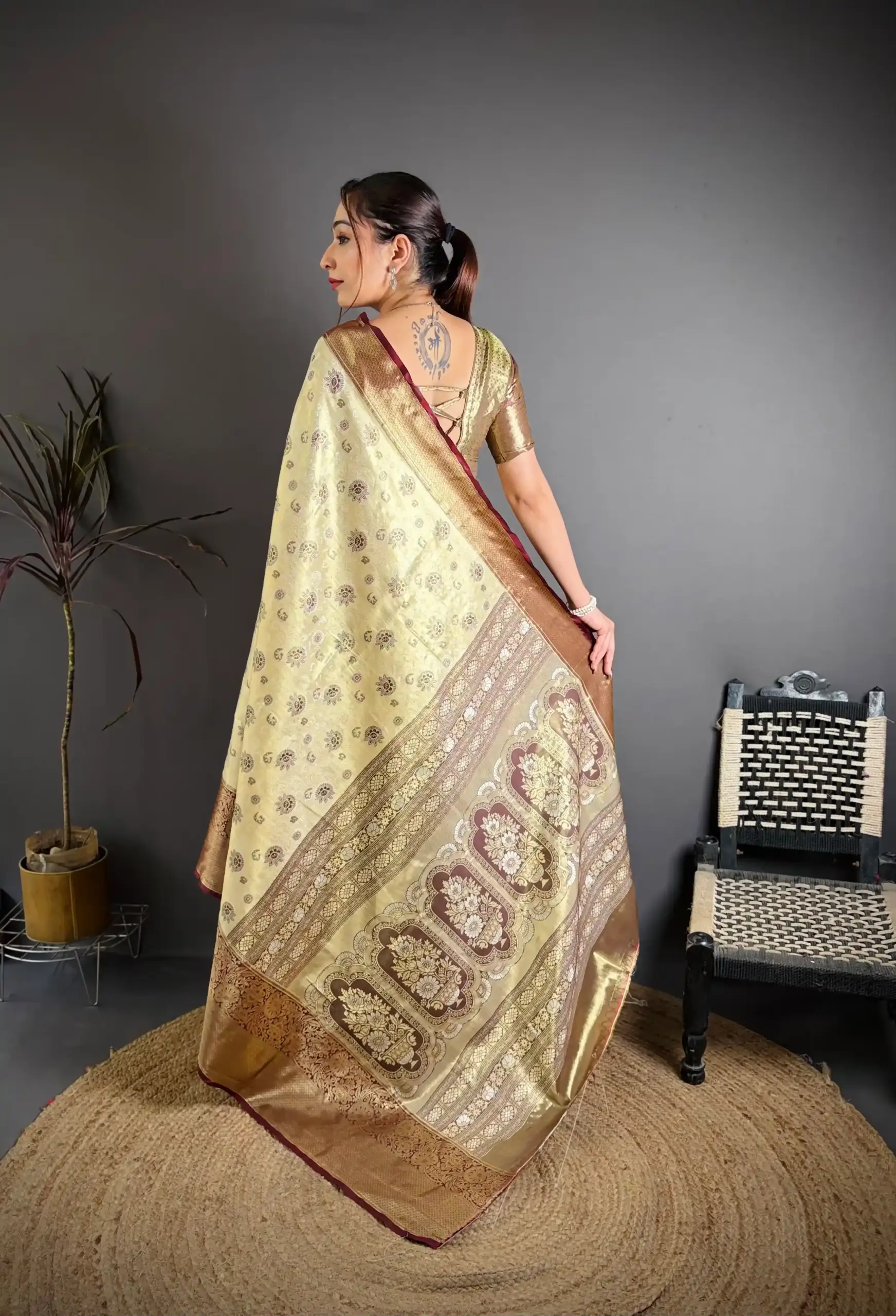Cream and Maroon Contrast Kanjivaram silk Saree