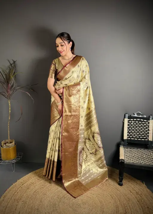 Cream and Maroon Contrast Kanjivaram silk Saree.webp