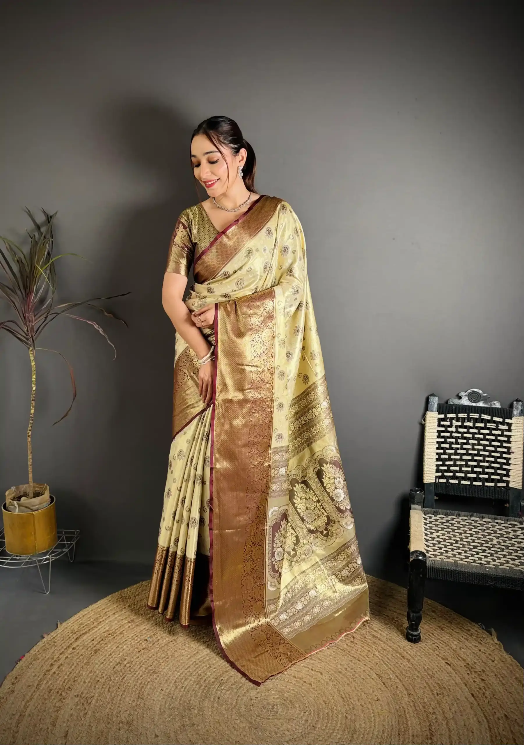 Cream and Maroon Contrast Kanjivaram silk Saree.webp