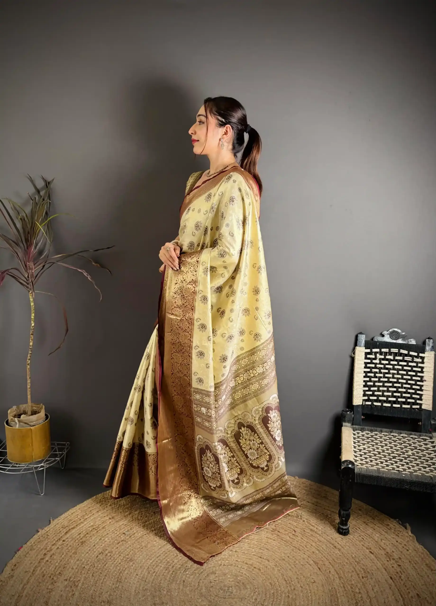 Cream and Maroon Contrast Kanjivaram silk Saree