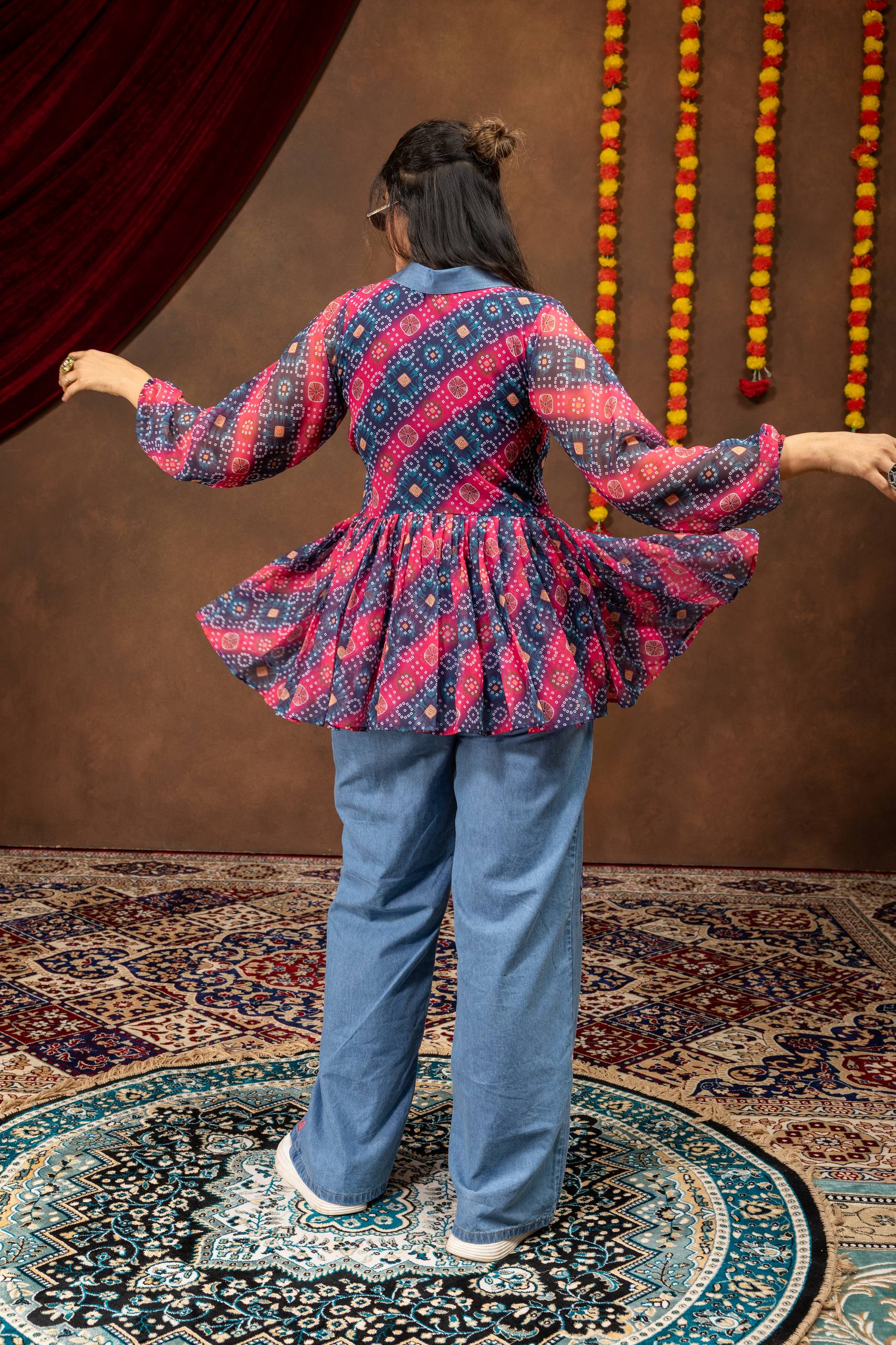Kutchi Work Jeans with Mirror Work Tunic Top