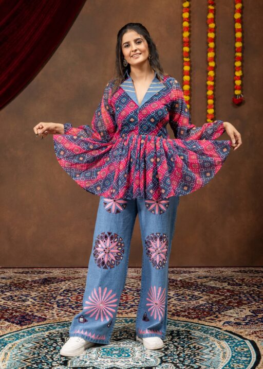 Kutchi Work Jeans with Mirror Work Tunic Top
