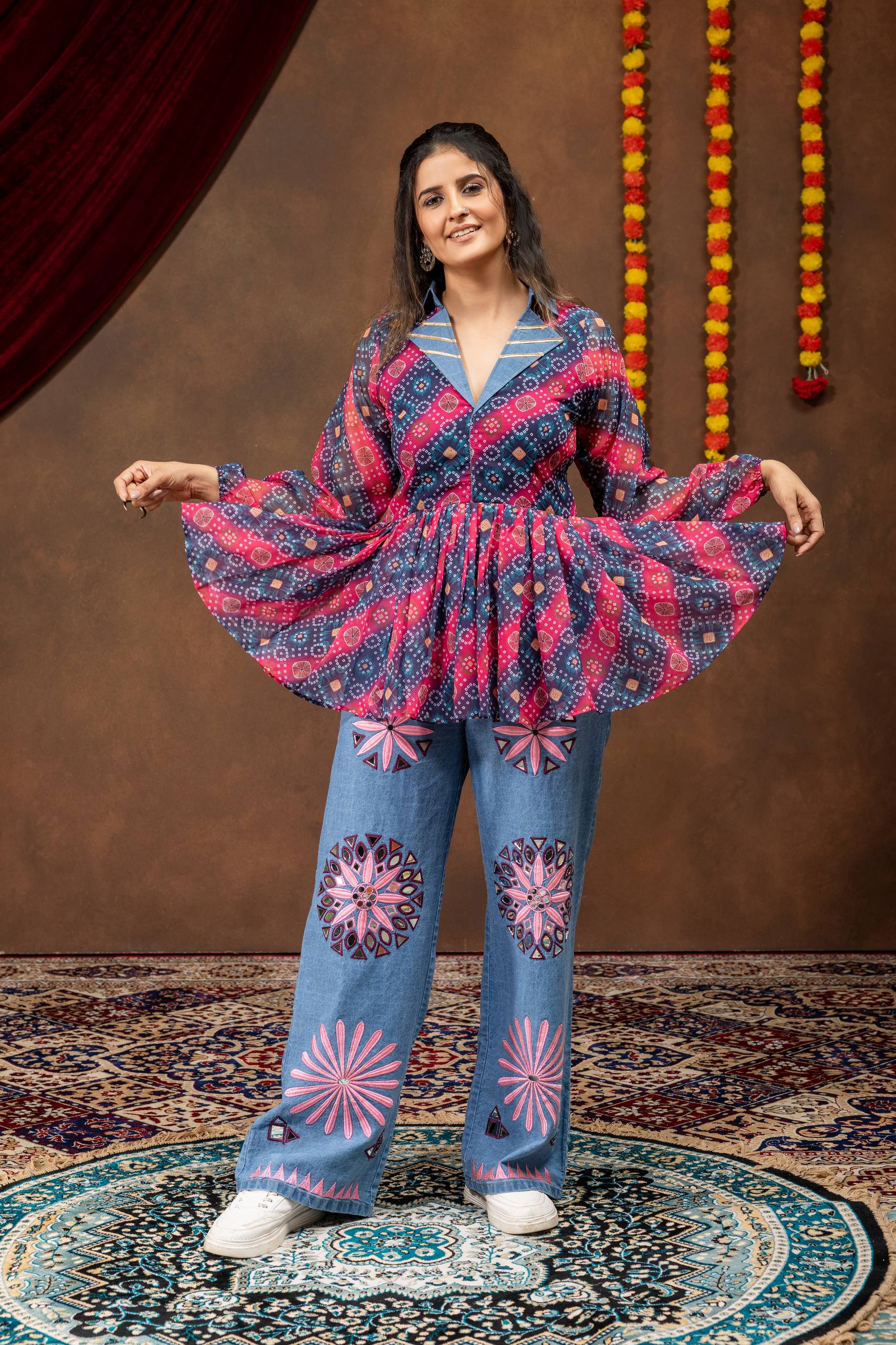 Kutchi Work Jeans with Mirror Work Tunic Top