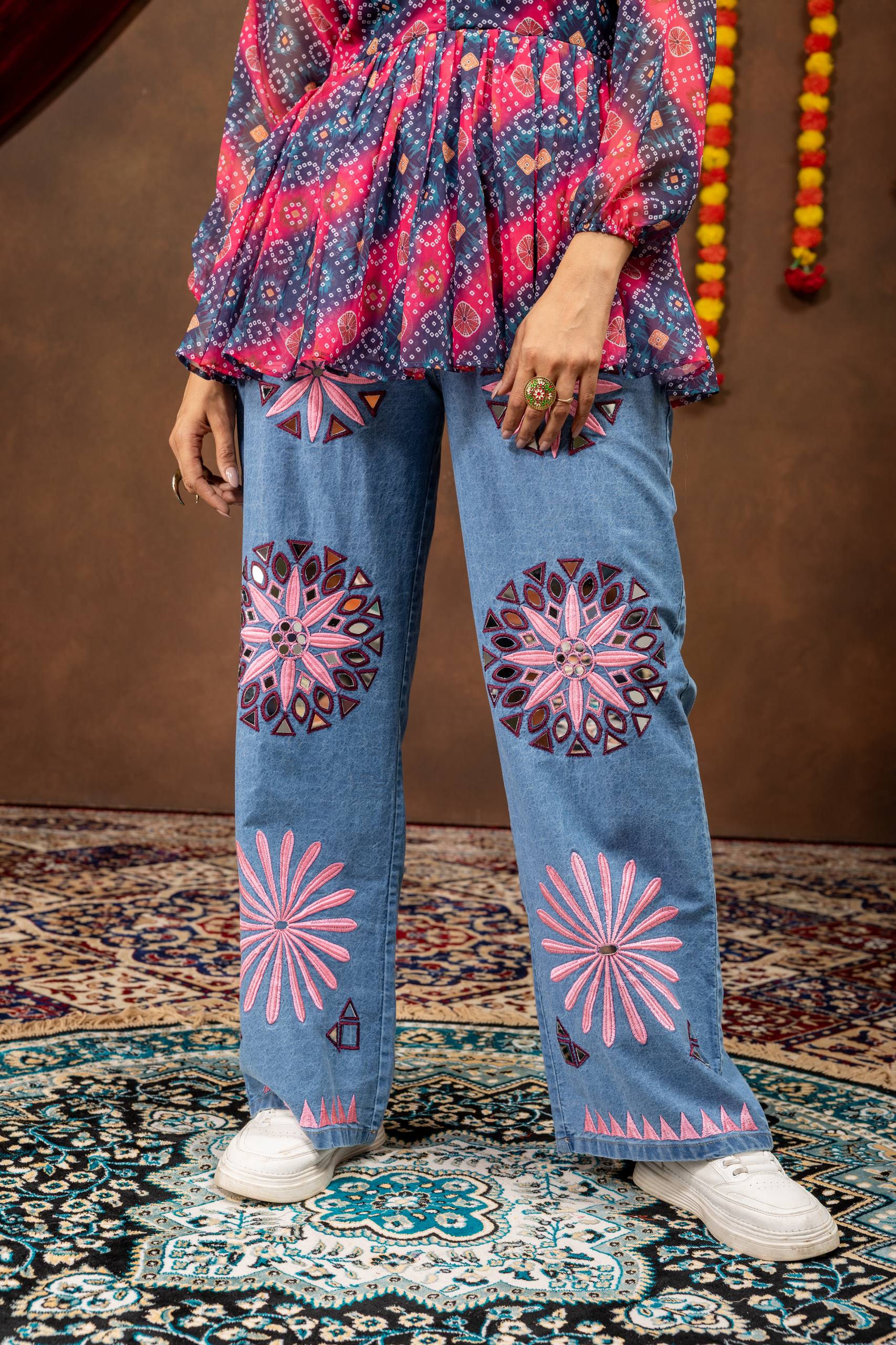 Kutchi Work Jeans with Mirror Work Tunic Top