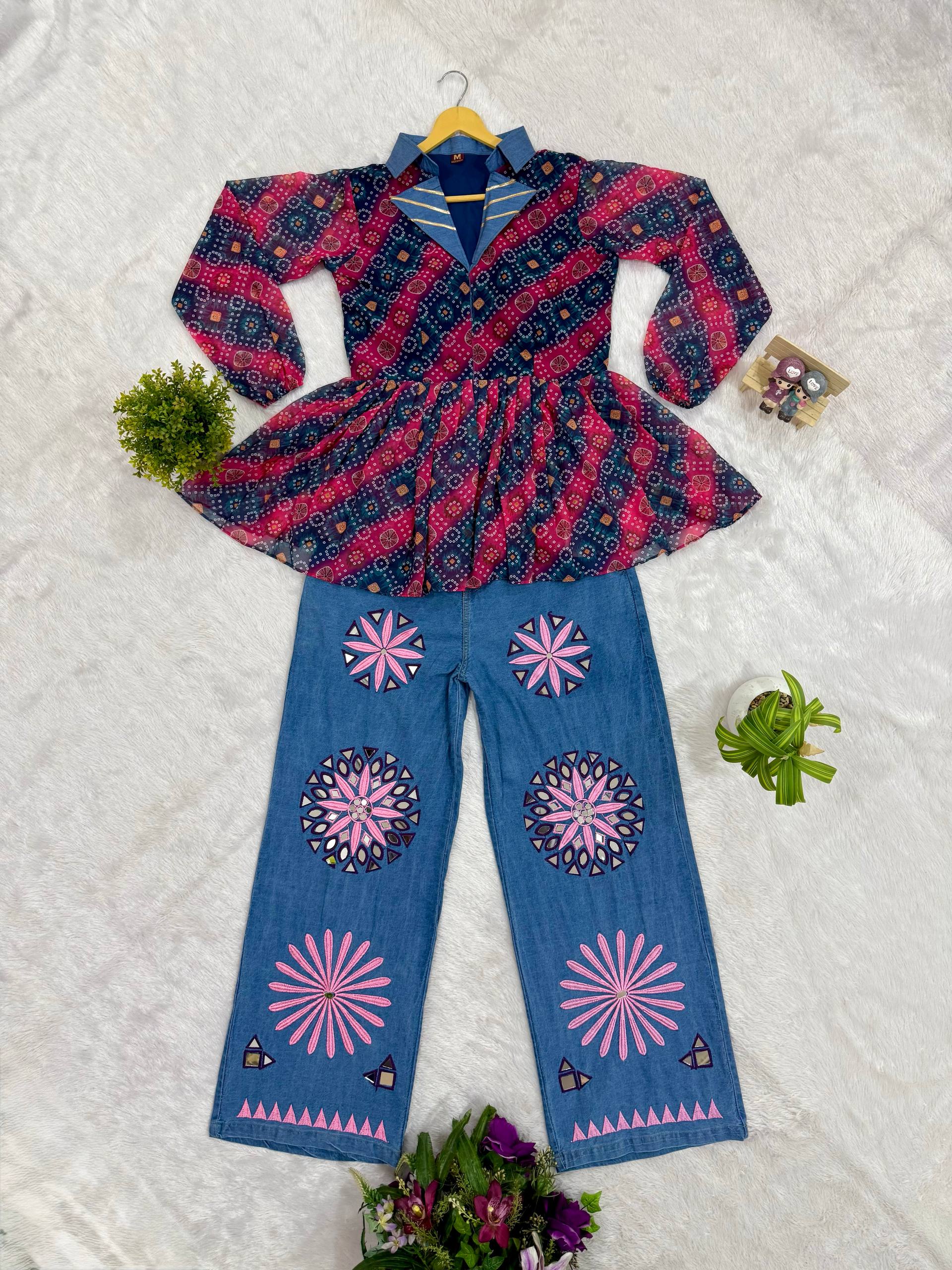 Kutchi Work Jeans with Mirror Work Tunic Top