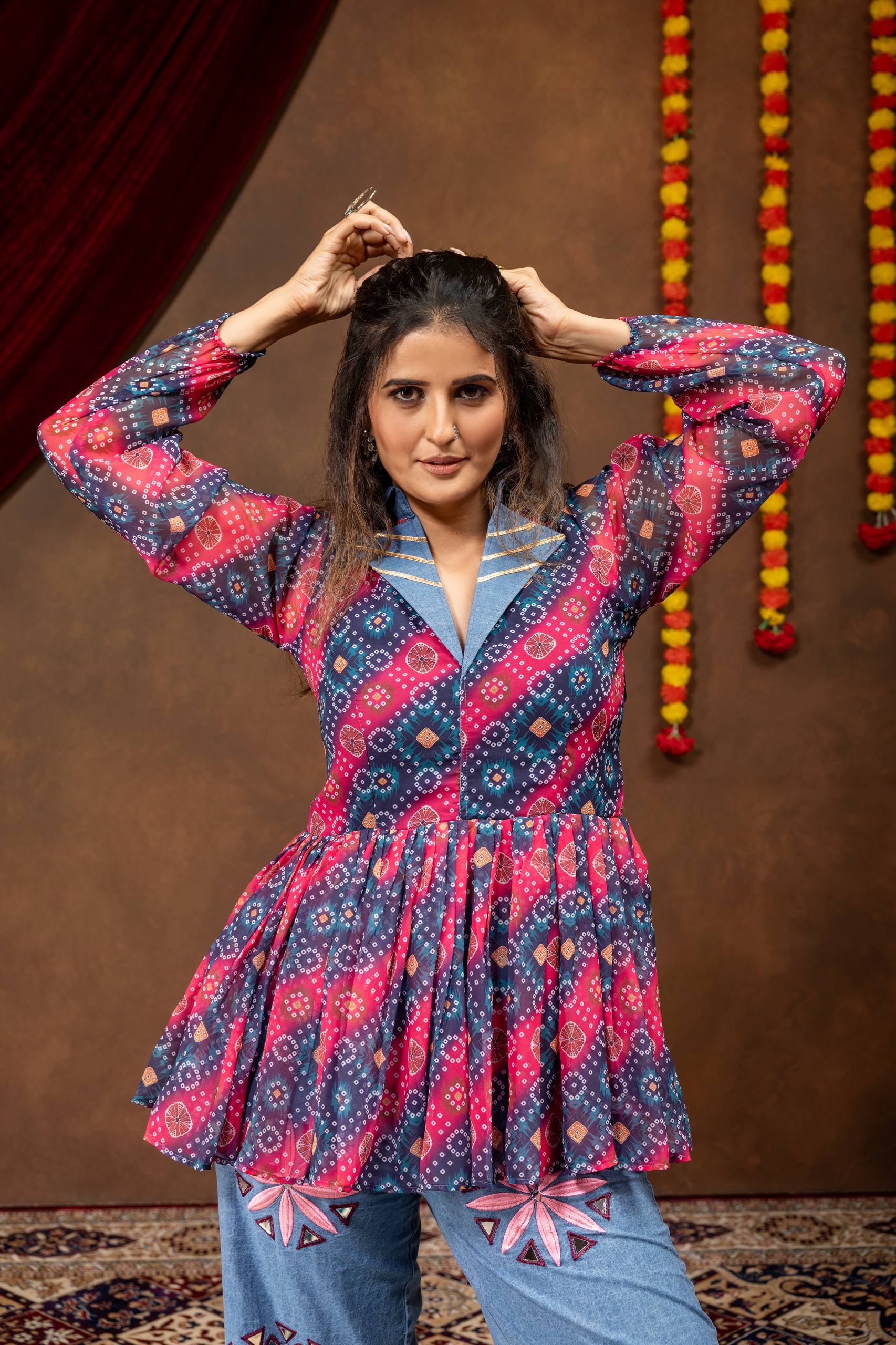 Kutchi Work Jeans with Mirror Work Tunic Top