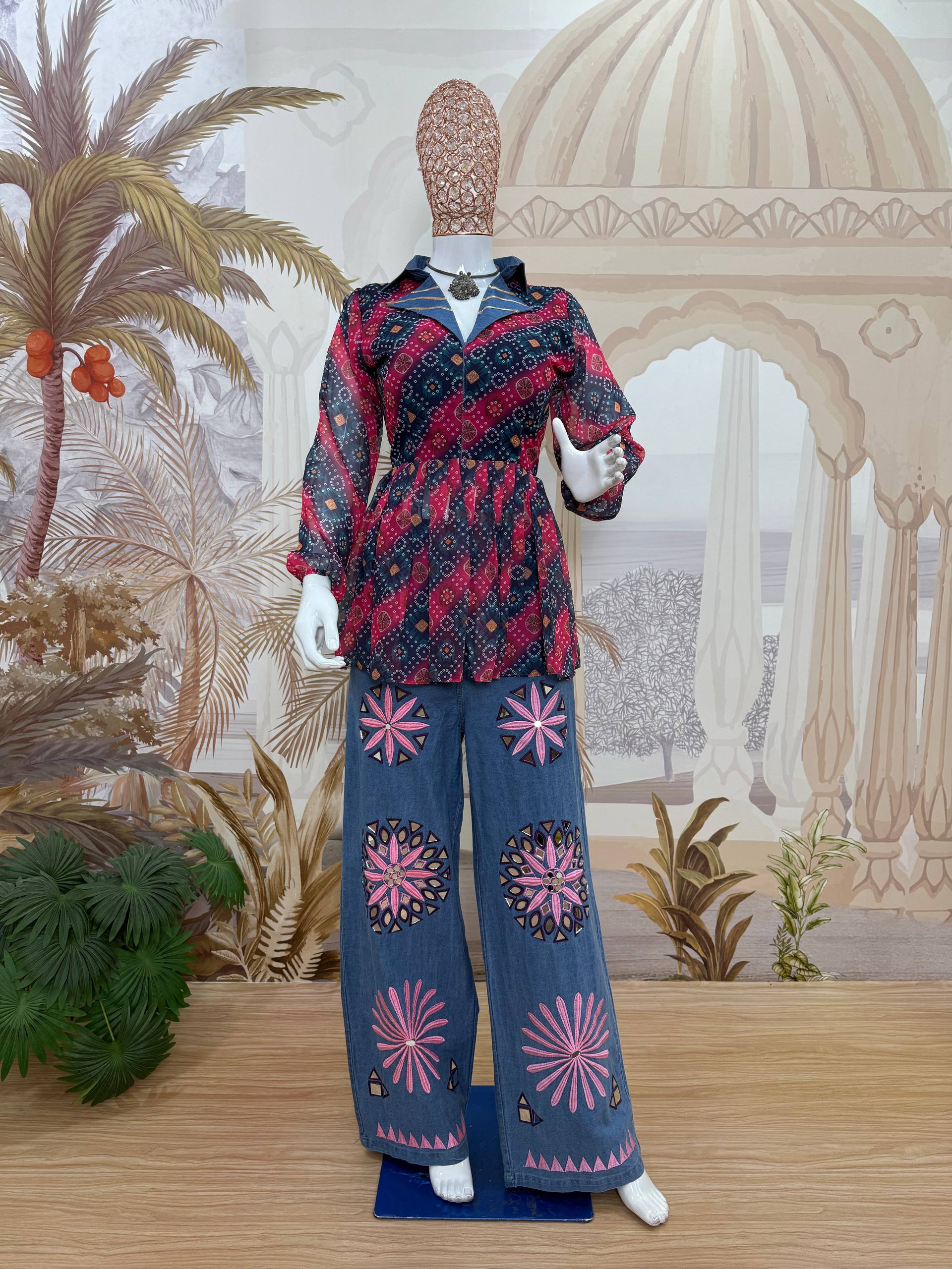 Kutchi Work Jeans with Mirror Work Tunic Top