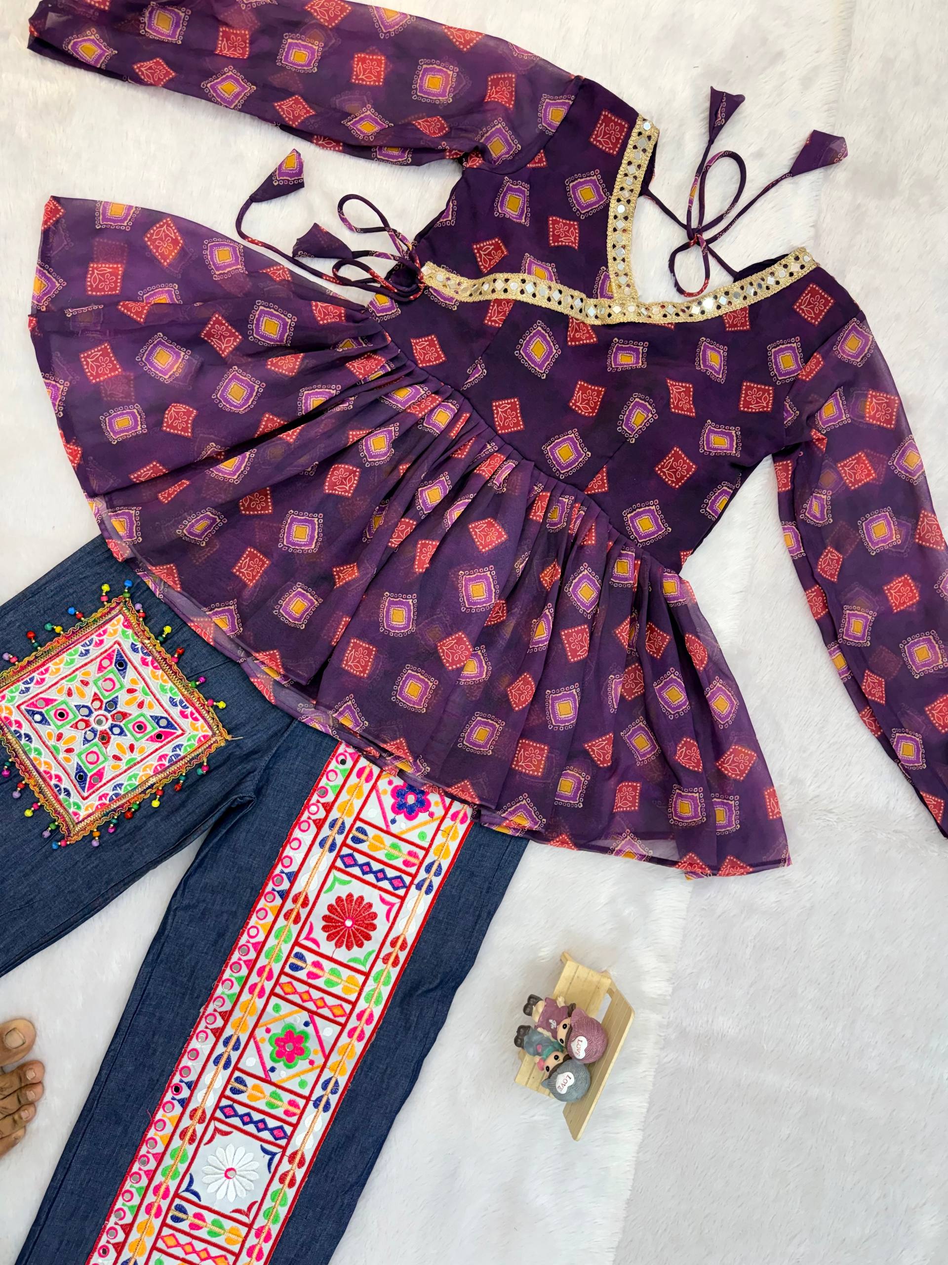 Kutchi Work Jeans with Tunic Top For Navratri