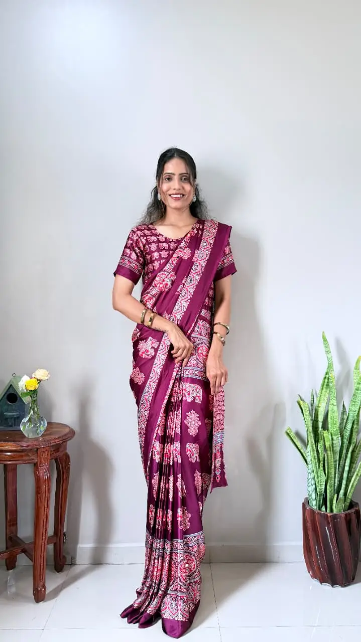zip and go saree in maroon color with mirror work and print