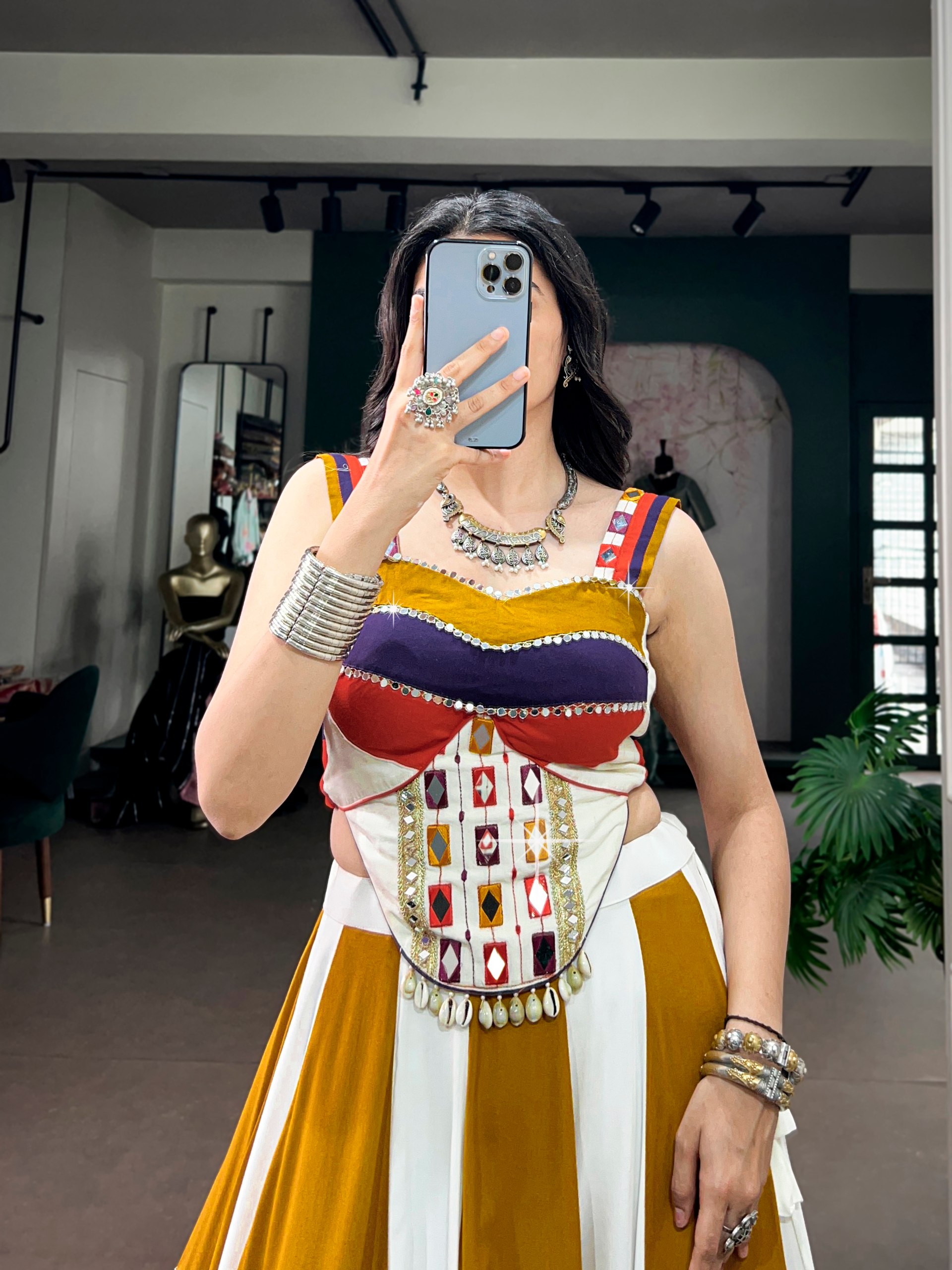 Mirror Work Rayon Garba Lehenga Choli with 6 Meter Flair