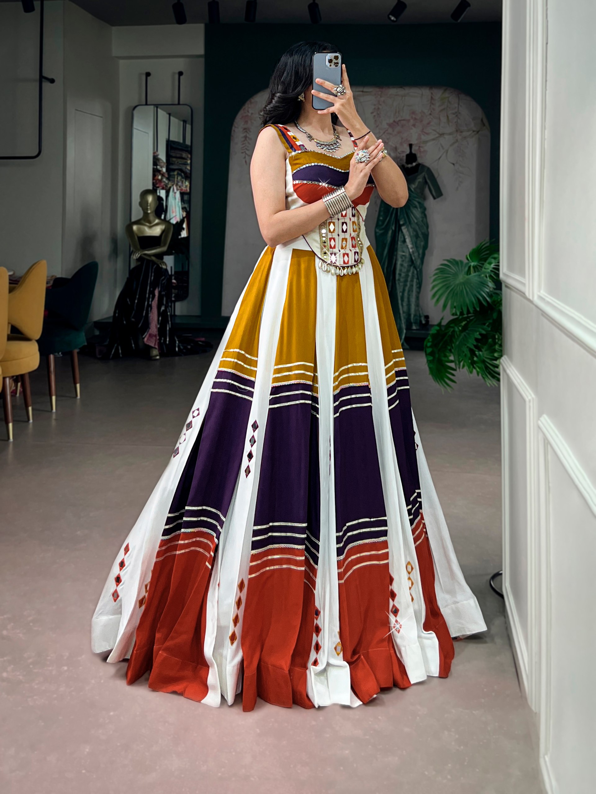 Mirror Work Rayon Garba Lehenga Choli with 6 Meter Flair