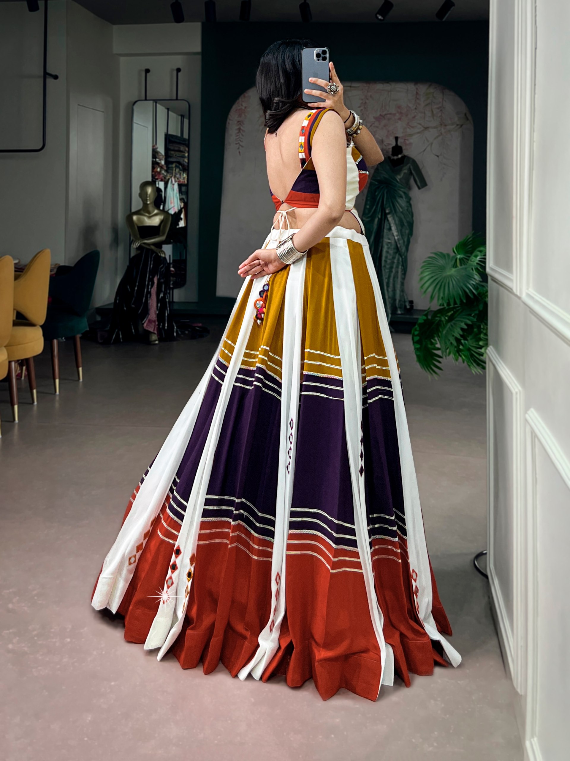 Mirror Work Rayon Garba Lehenga Choli with 6 Meter Flair