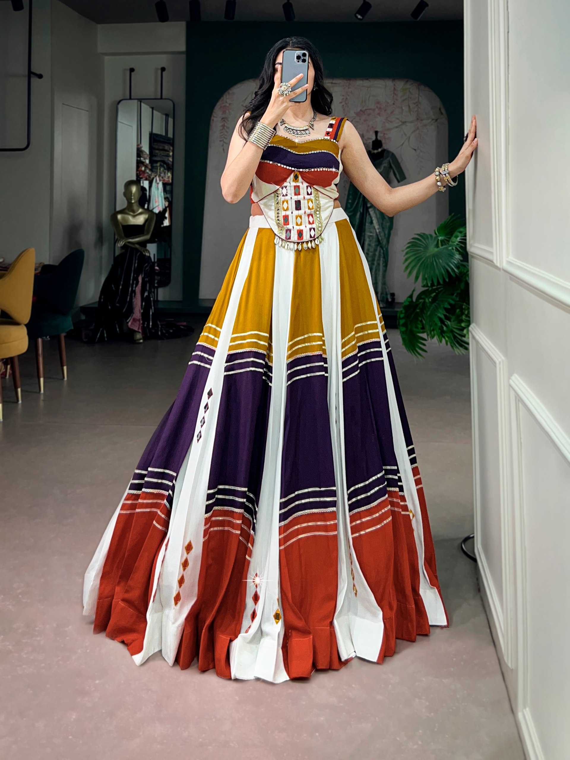 Mirror Work Rayon Garba Lehenga Choli with 6 Meter Flair