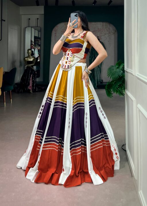Mirror work rayon Garba lehenga choli with 6 meter flair and Gota Patti lace