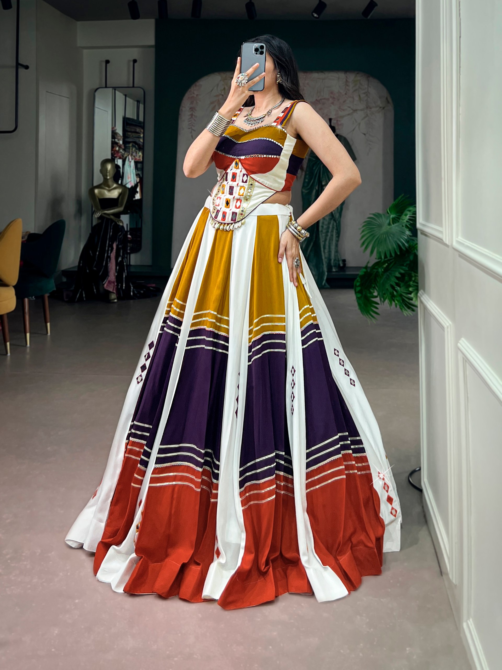 Mirror work rayon Garba lehenga choli with 6 meter flair and Gota Patti lace
