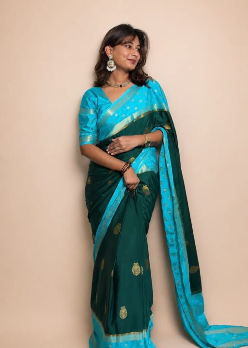 Green and Blue Zip and Go Saree in Mysore Silk