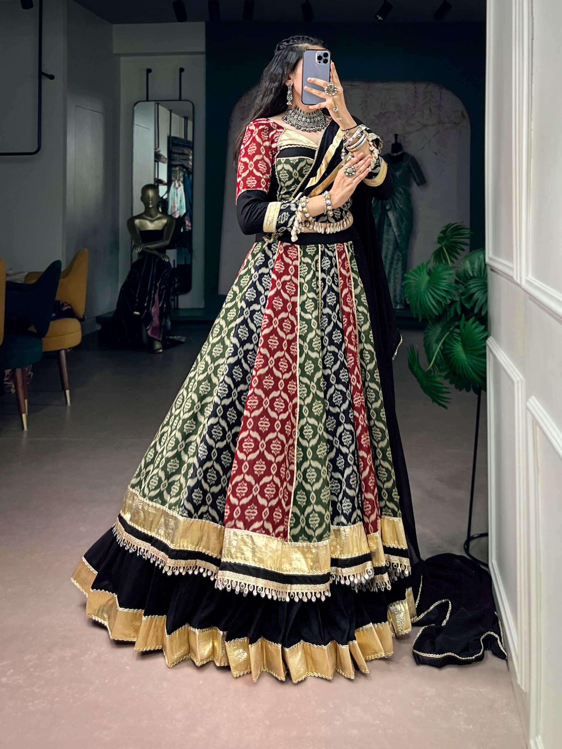 Printed rayon lehenga choli set with 7 meter flair, stitched blouse and dupatta