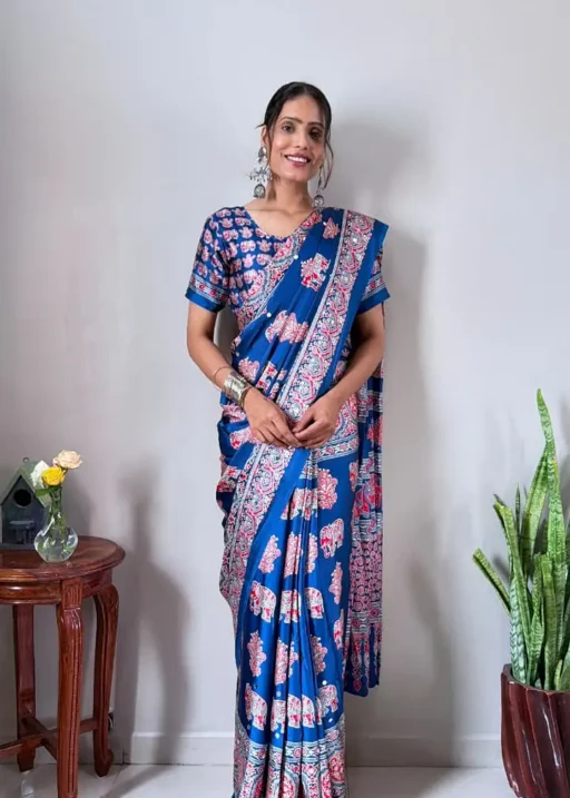Readymade zip and go saree in blue Color with real mirror work for functional wear