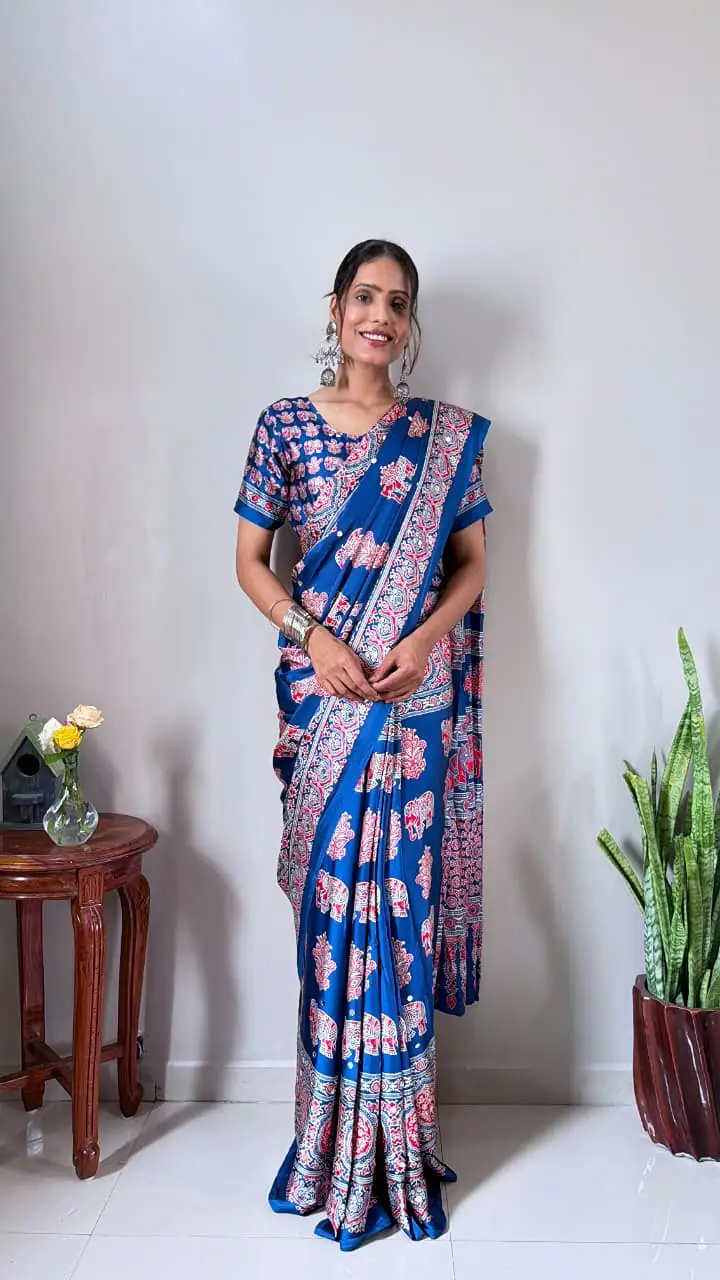 Readymade zip and go saree in blue Color with real mirror work for functional wear