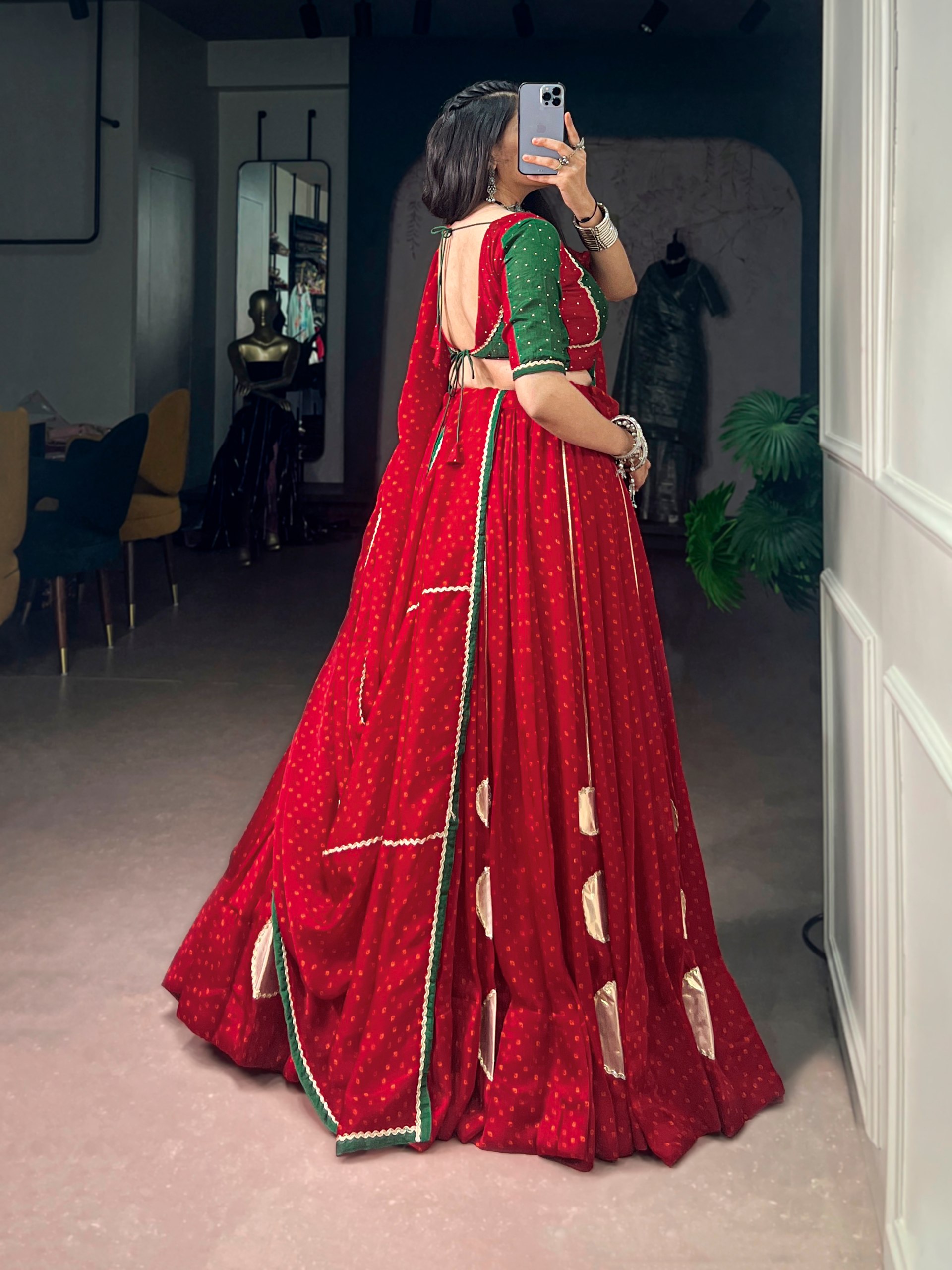 Red Bandhani Lehenga Choli with 7.5 Meter Flair