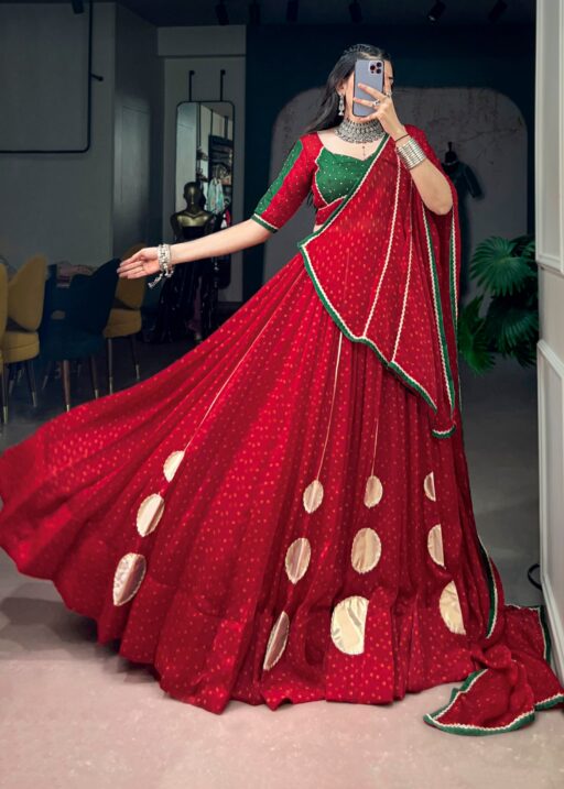 Red Bandhani print lehenga choli with green blouse, Gotta work and 7.5 meter flair