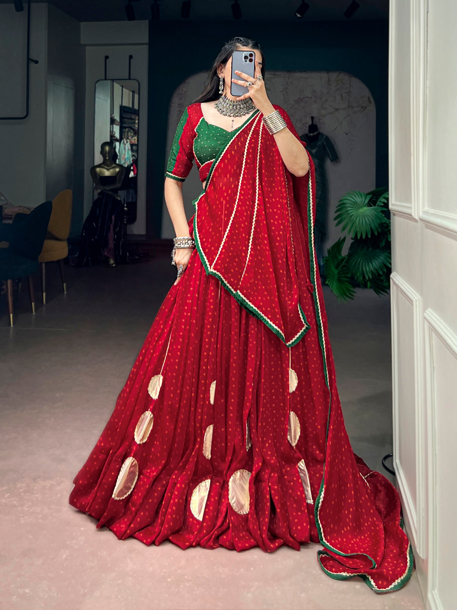 Red Bandhani Lehenga Choli with 7.5 Meter Flair